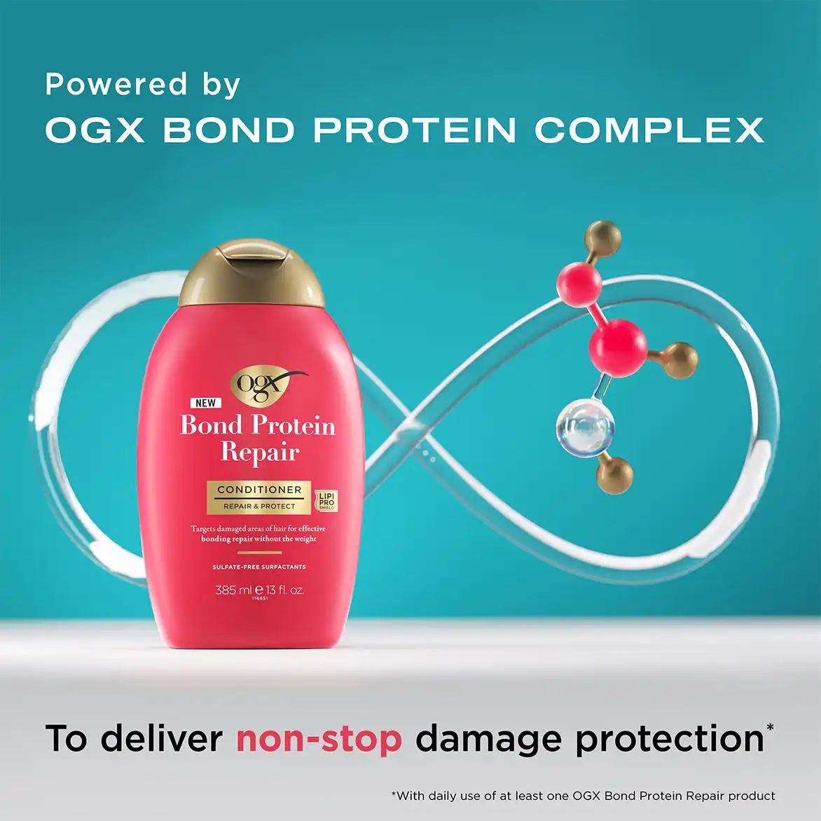 Bond Protein Repair Lightweight Conditioner Powered by OGX Bond Protein Complex to deliver non-stop damage protection* with daily use of at least one OGX Bond Protein Repair product
