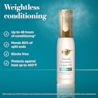 Weightless conditioning. up to 48 hours of conditioning, mends 80% of split ends, blocks frizz, protects against heat up to 450°F