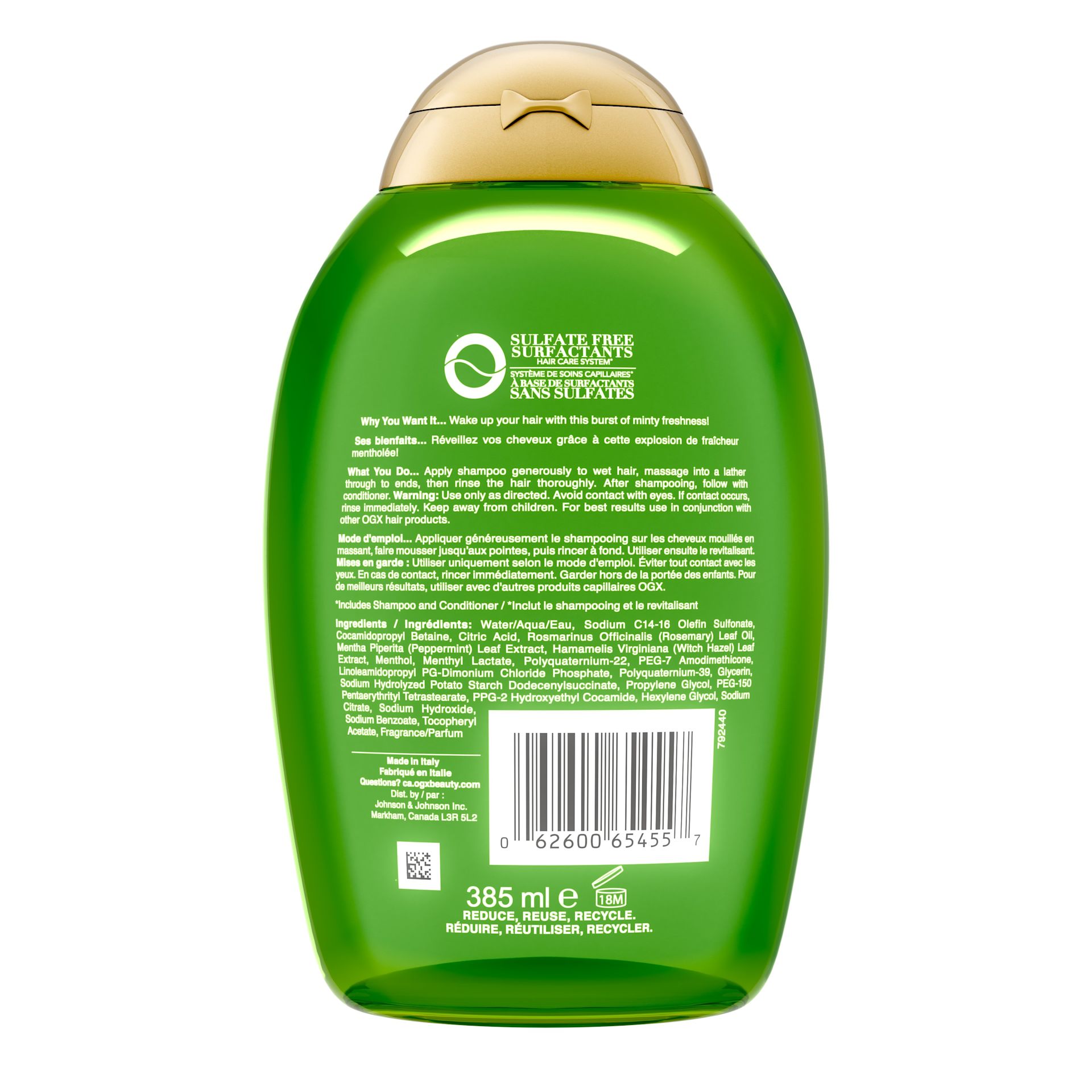 Back shot of OGX® Refreshing Scalp+ Rosemary Mint Extra Strength Shampoo, 385 mL