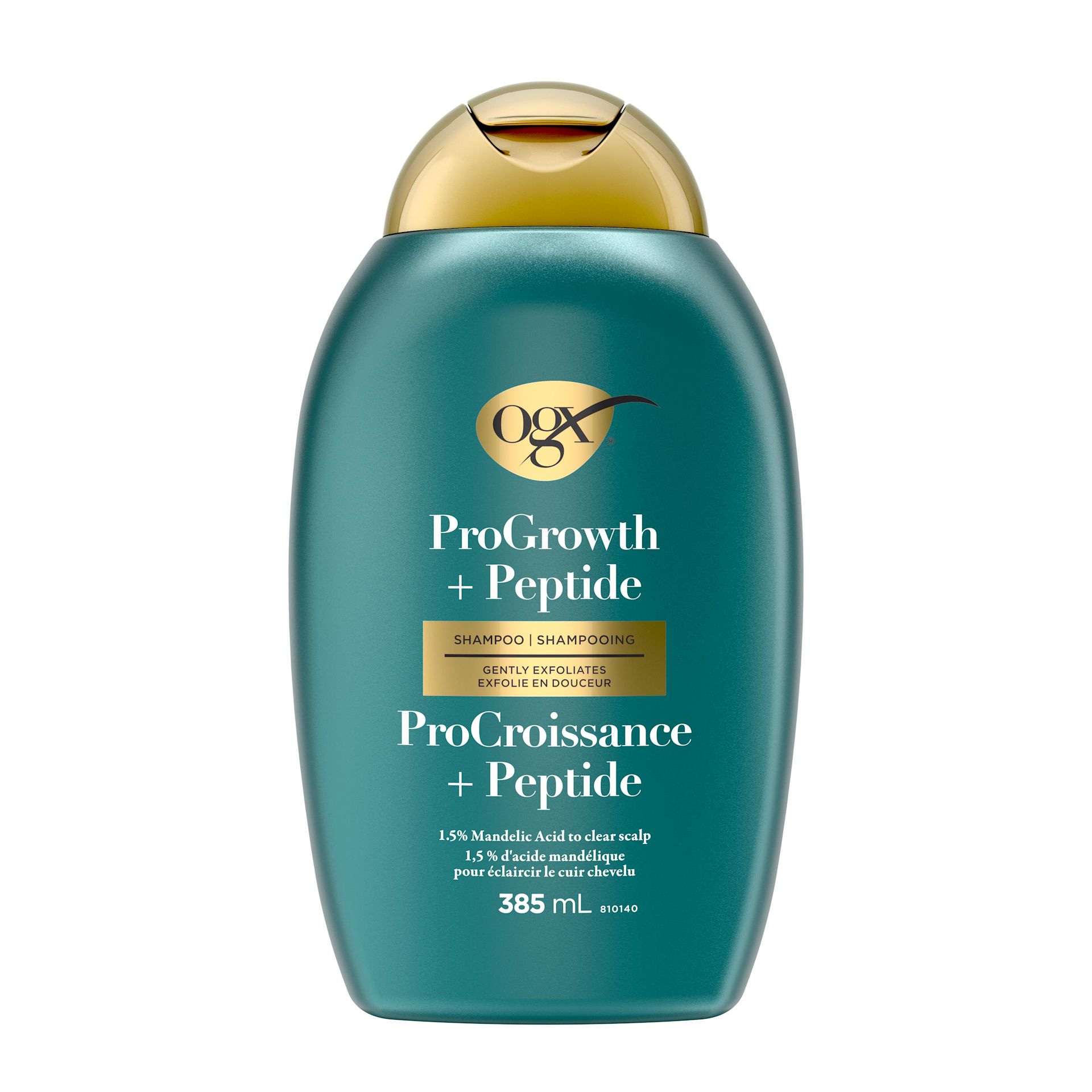 Photo du devant du shampooing purifiant OGX® ProGrowth + Peptide, flacon de 385 ml.​