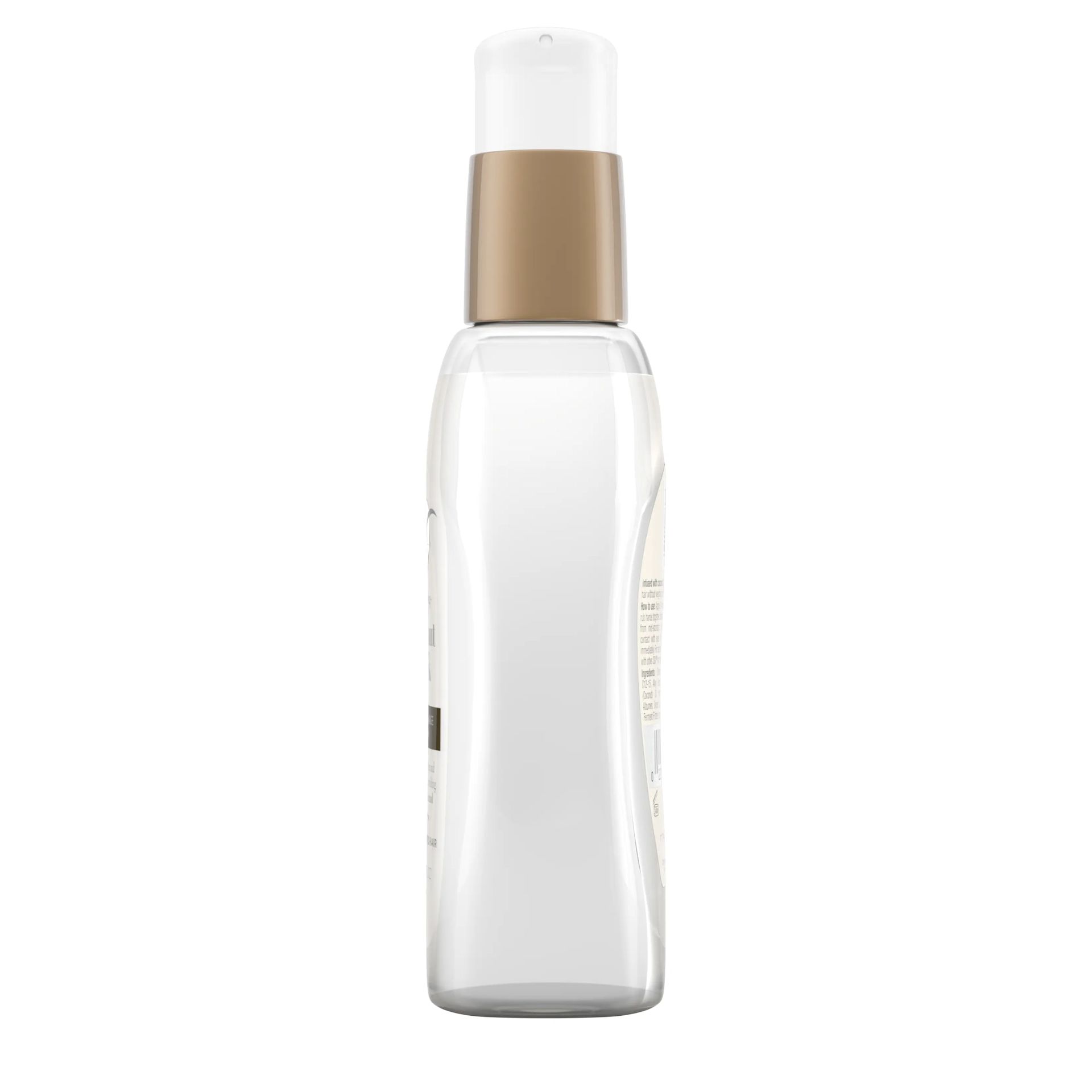 Side view of Coconut Milk Anti-Breakage Serum bottle showing clear container and gold pump