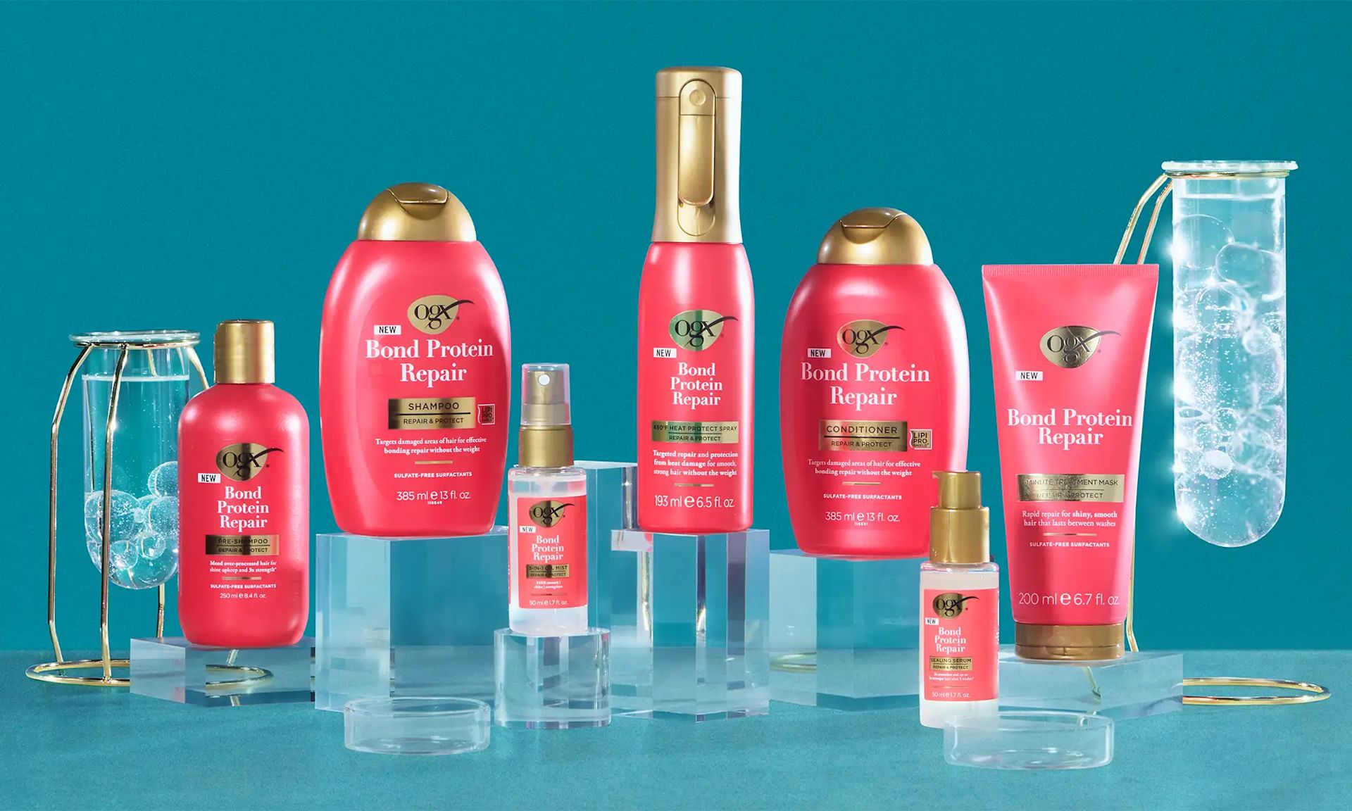 The OGX® bond protein repair product line and complete repair routine featuring the heat protect spray