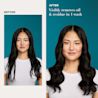 Before and After image displaying woman that used Rosemary Mint product which visibly removes oil & residue in 1 wash