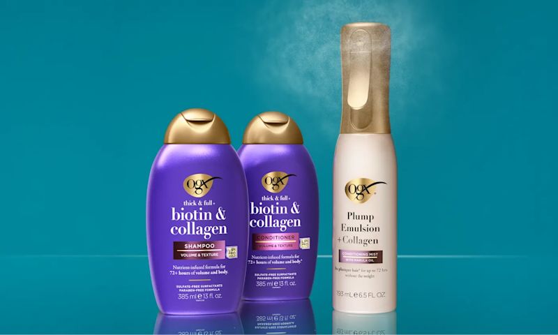 The plump routine for fine to medium hair: 1 cleanse with biotin & collagen shampoo, 2 condition with biotin & collagen conditioner, 3 treat and style with Smooth Emulsion + Collagen Conditioning Mist