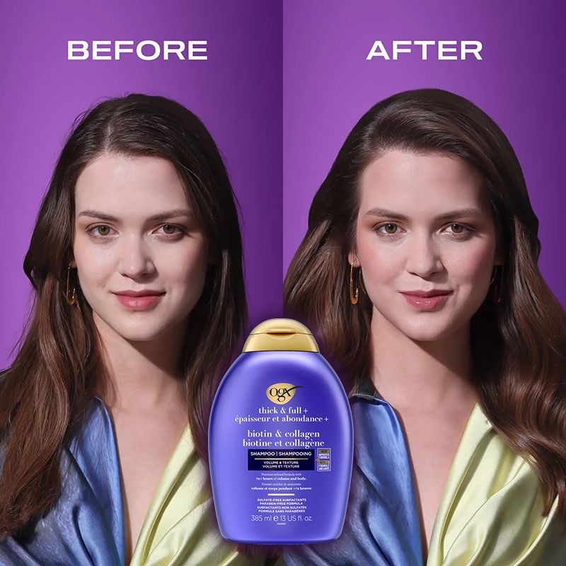 Before and after image of a woman’s hair after using OGX® Biotin & Collagen shampoo