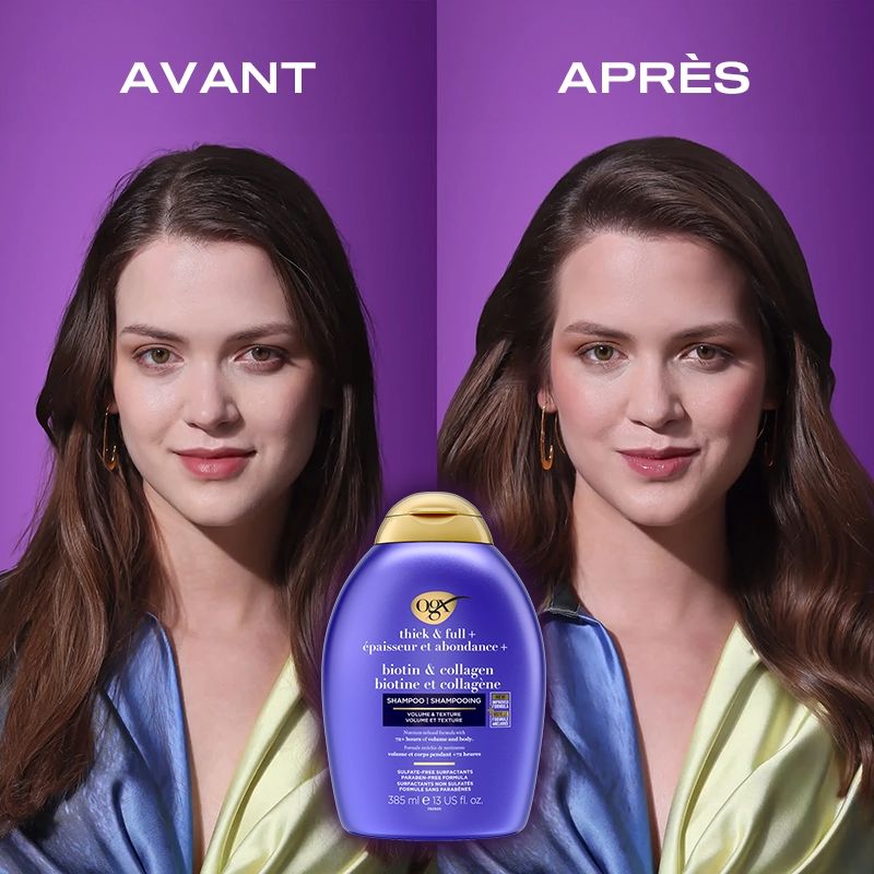 Image avant et après l’utilisation du shampooing OGX® à la biotine et au collagène sur les cheveux d’une femme