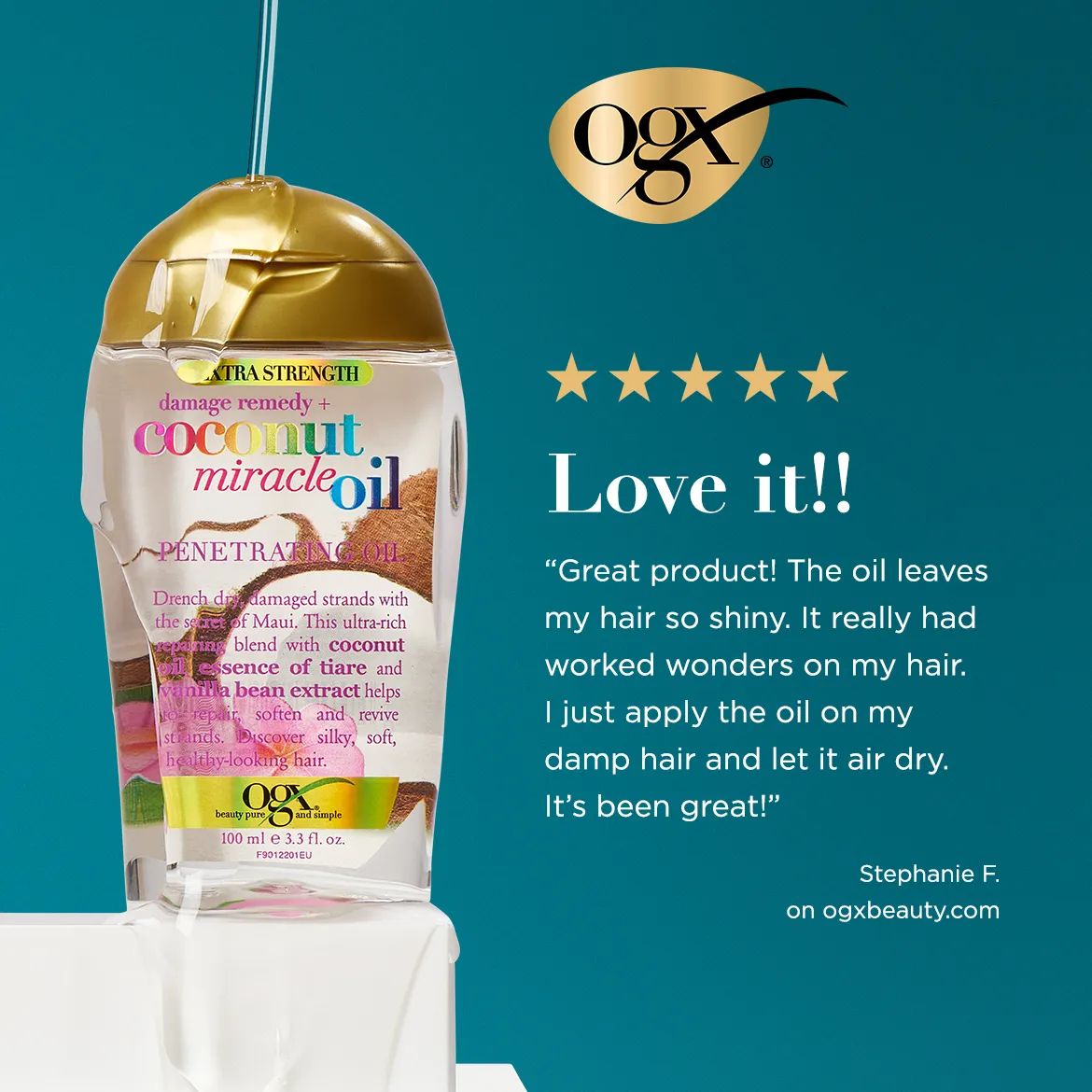 Coconut Miracle Oil penetrating oil testimonial: Great Product! The oil leaves my hair so shiny