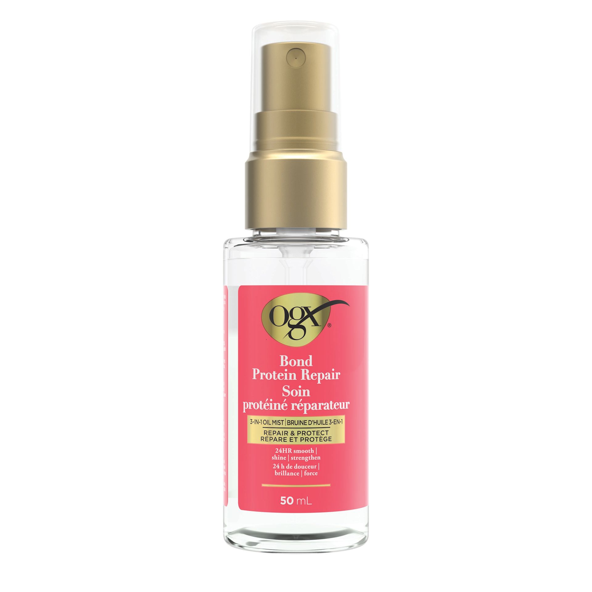 Front shot of OGX® Bond Protein Repair 3-in-1 Hair Oil Mist Spray, 50 mL bottle and its packaging