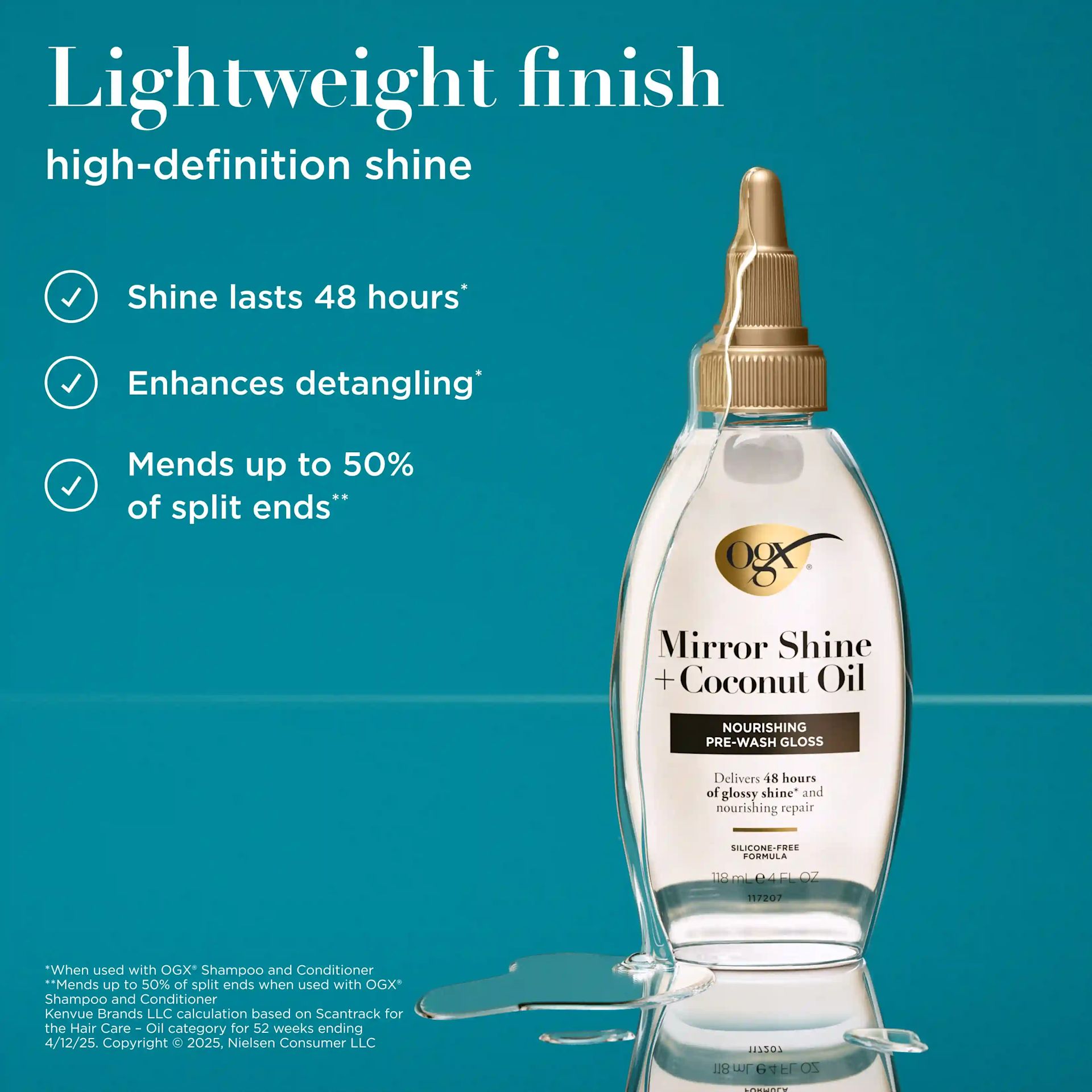 lightweight finish high definition shine. shine lasts 48 hours, enhances detangling, mends up to 50% of split ends