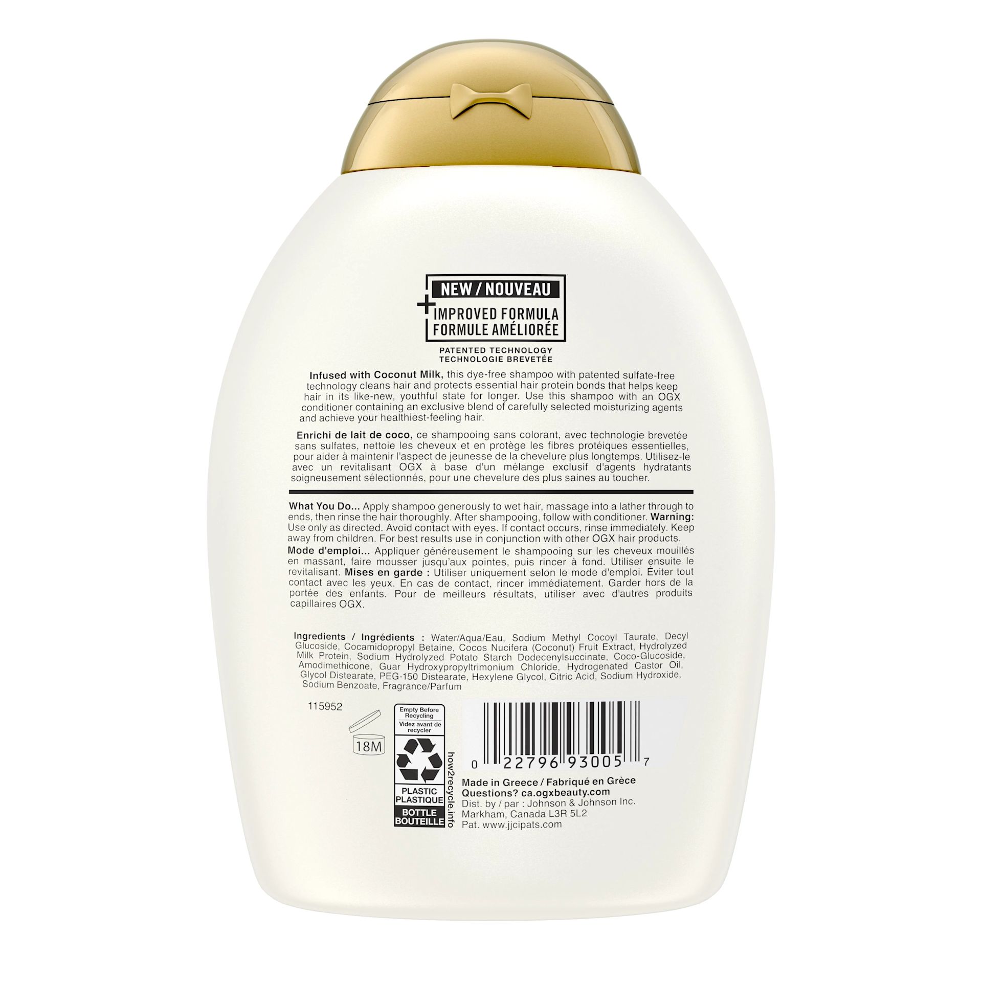 Back shot of OGX® Nourishing+ Coconut Milk Shampoo, 385 mL bottle