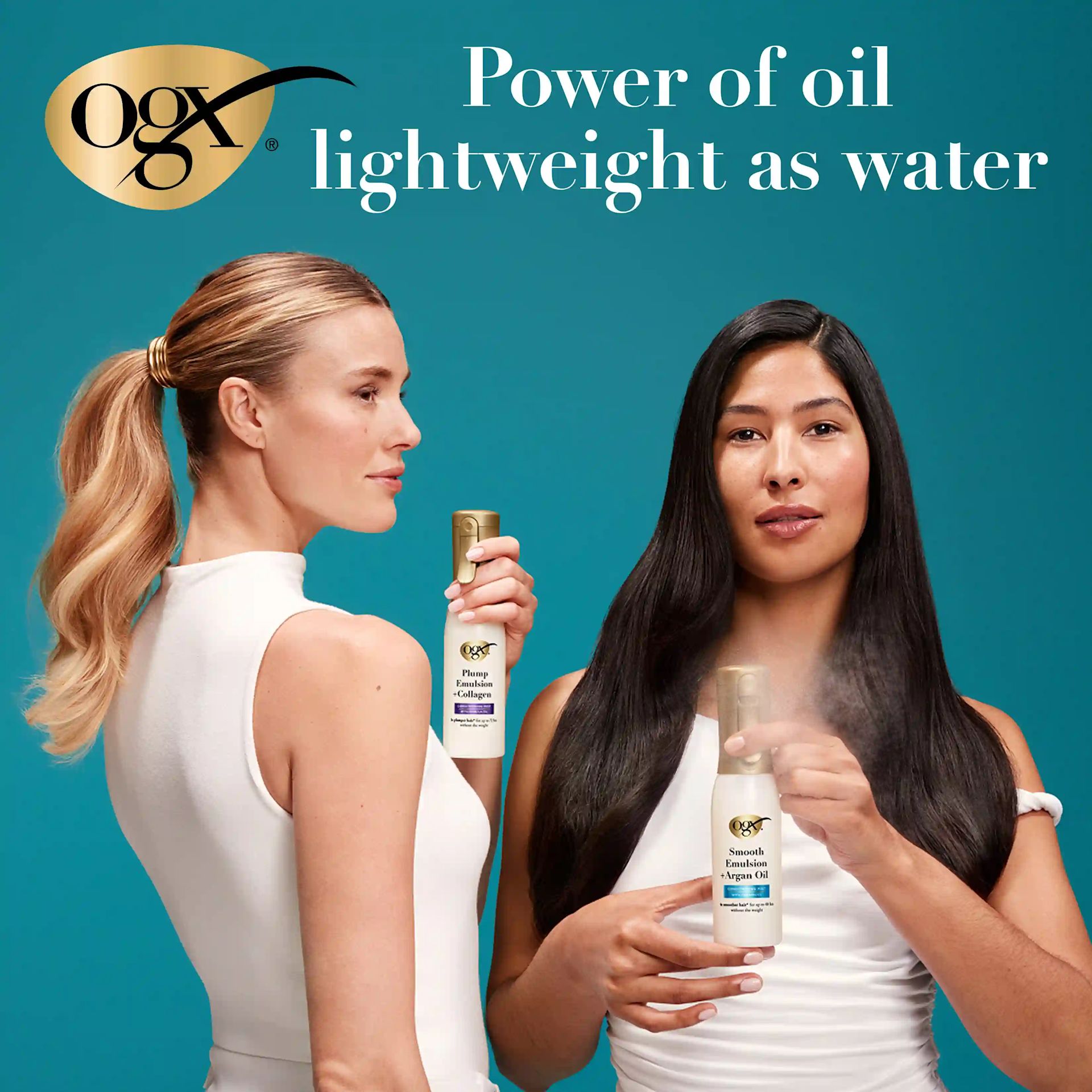 Power of oil lightweight as water. 2 women applying Plump Emulsion Conditioning Mists