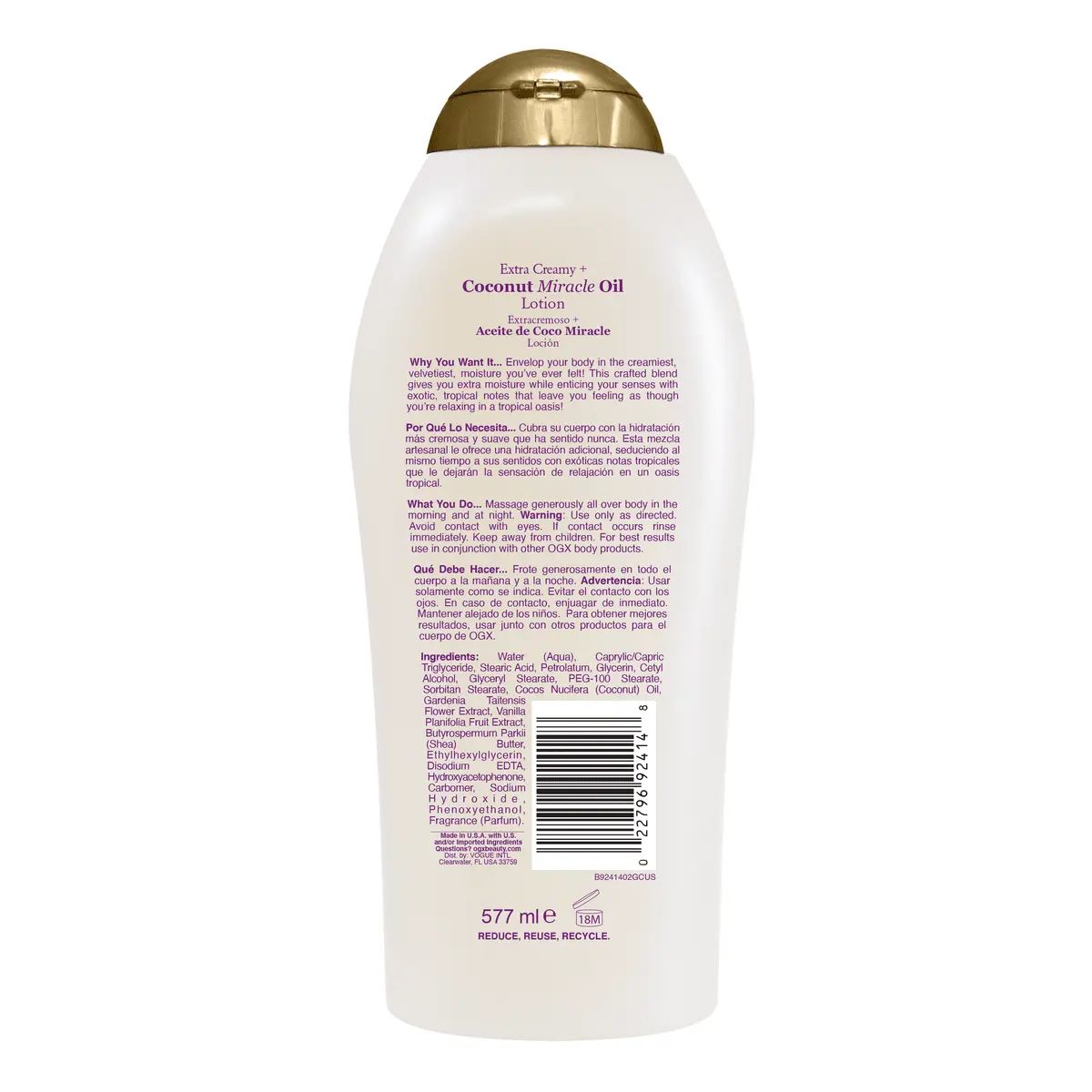 Coconut Miracle Oil Ultra Moisture Lotion Back of Packaging