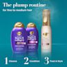The plump routine for fine to medium hair: 1 cleanse with biotin & collagen shampoo, 2 condition with biotin & collagen conditioner, 3 treat and style with Smooth Emulsion + Collagen Conditioning Mist