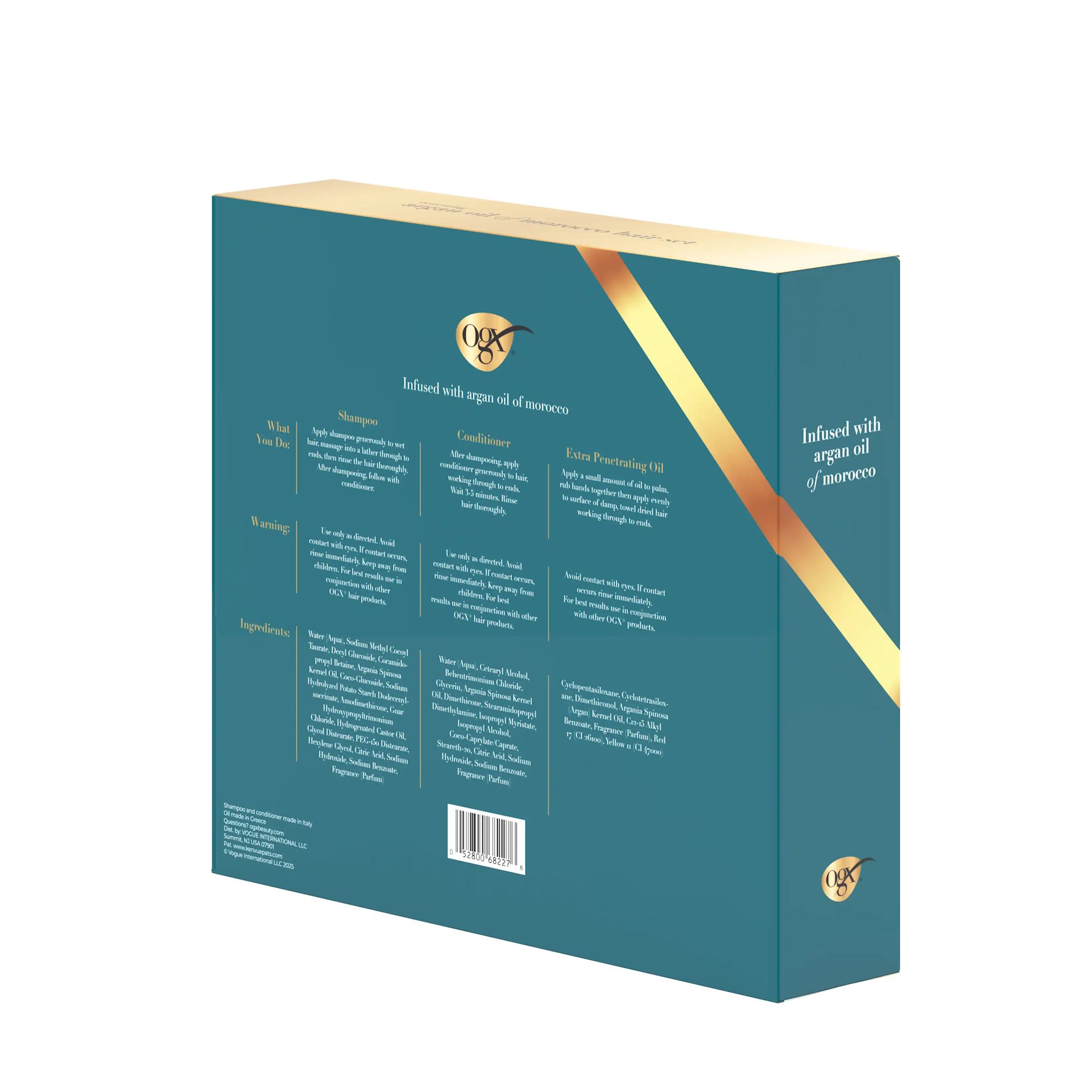 OGX® Argan Oil of Morocco set box back angled opposite side with ingredients and usage panels