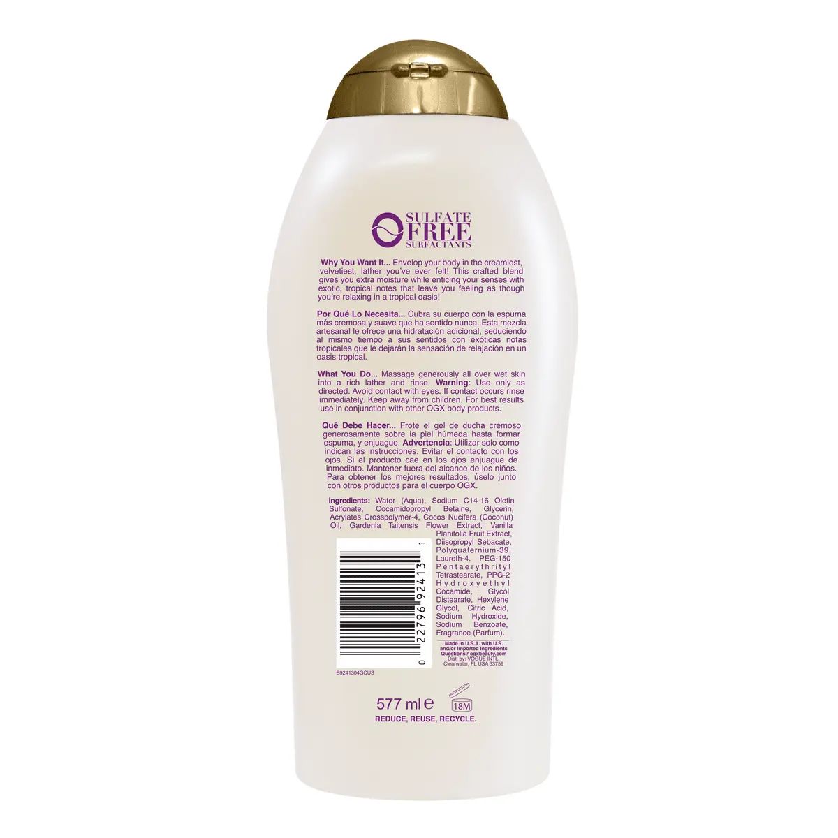 Coconut Miracle Oil Ultra Moisture Body Wash Back of Packaging