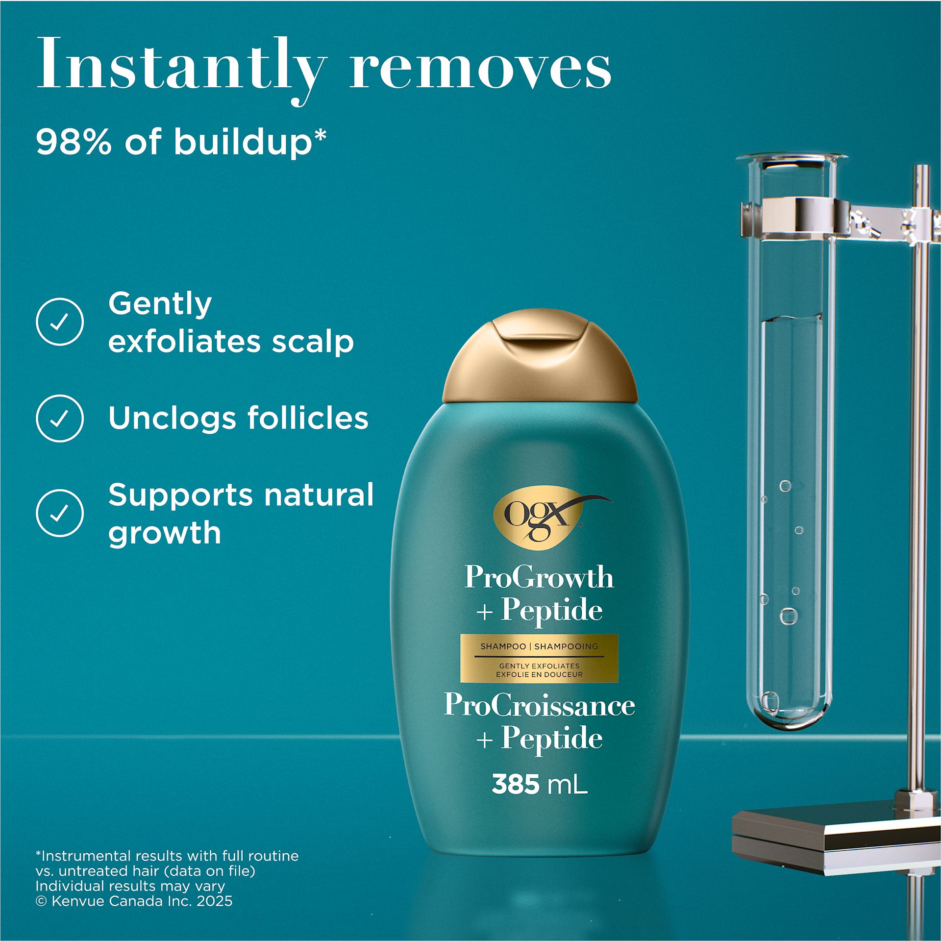 Image numérique améliorée du shampooing purifiant OGX® ProGrowth + Peptide, flacon de 385 ml.