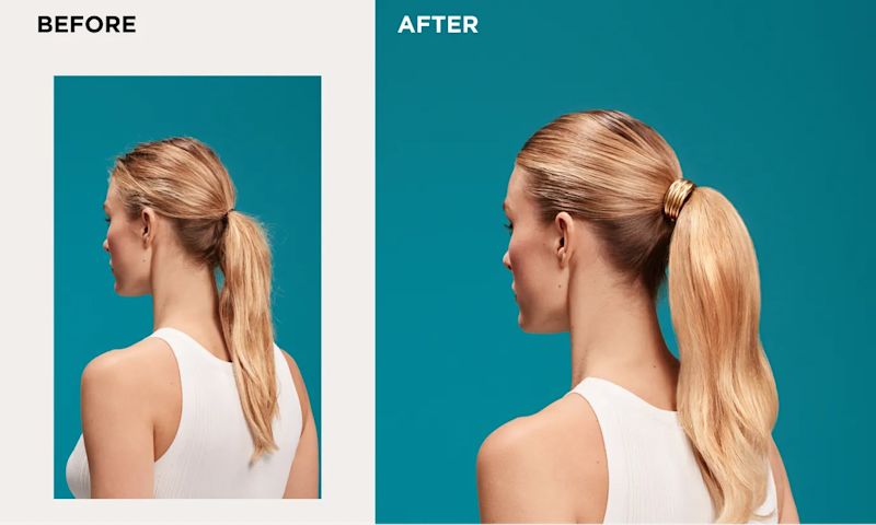Before and After image displaying woman with 4x plumber hair for up to 72 hours after using Smooth Emulsion + Collagen Conditioning Mist