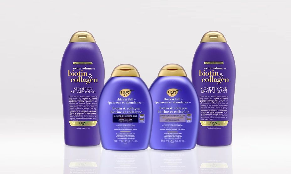 A banner displaying four OGX® Canada Volumizing Biotin and Collagen Hair products
