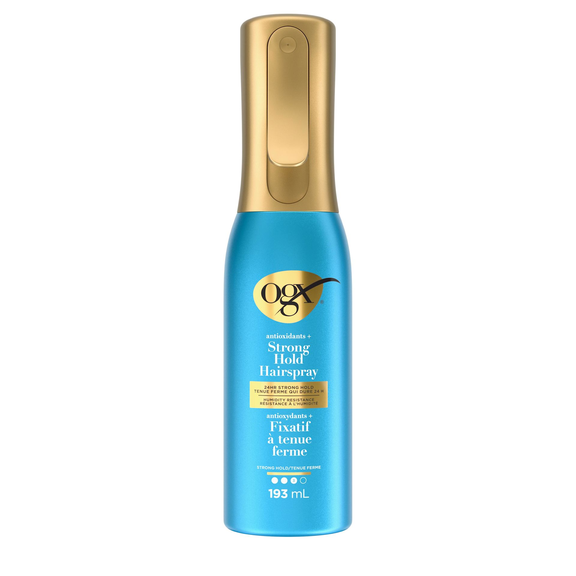 Vue avant du fixatif à tenue ferme OGX® + antioxydants, flacon vaporisateur de 193 ml ​