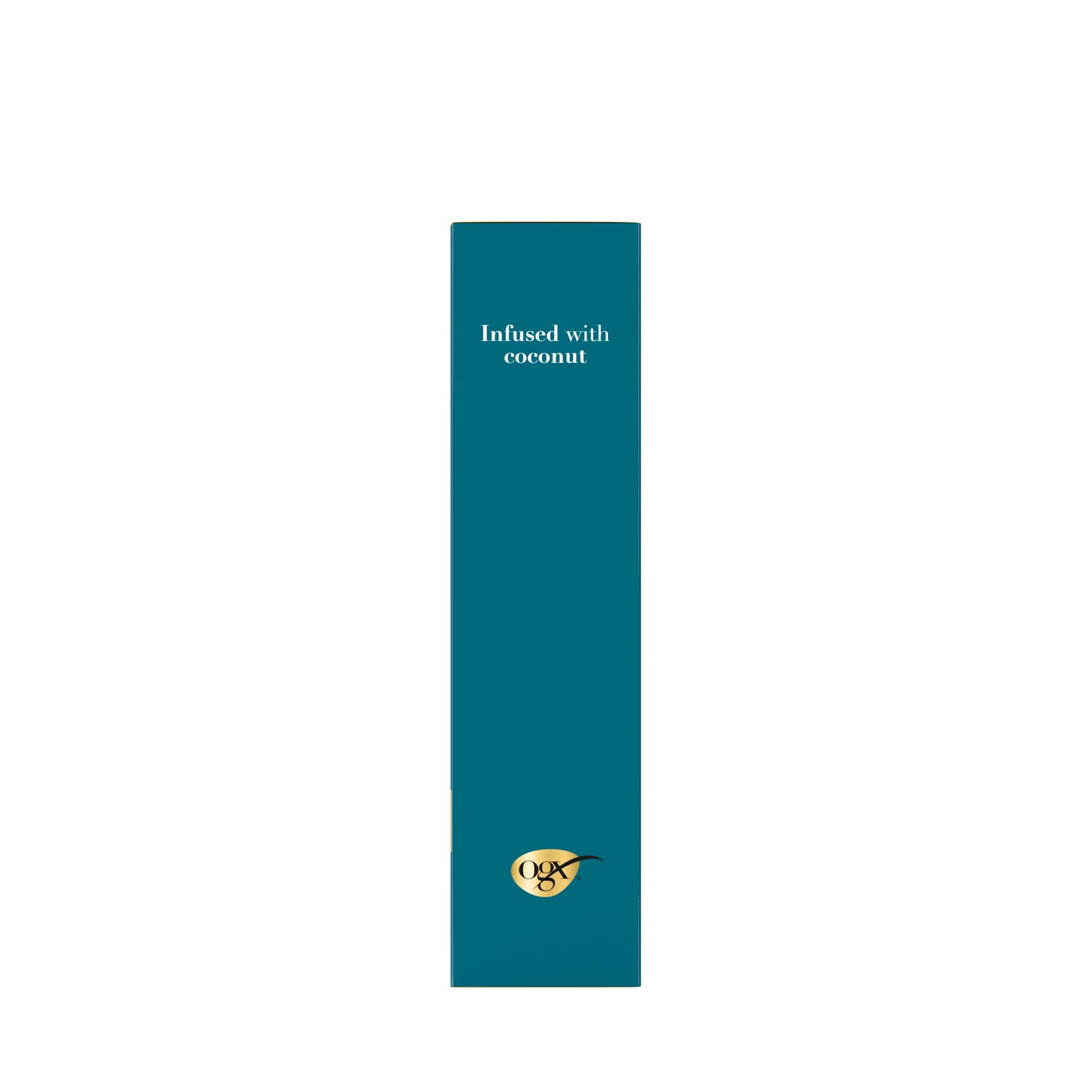 OGX® Coconut Milk side panel infused with coconut teal with gold brand logo