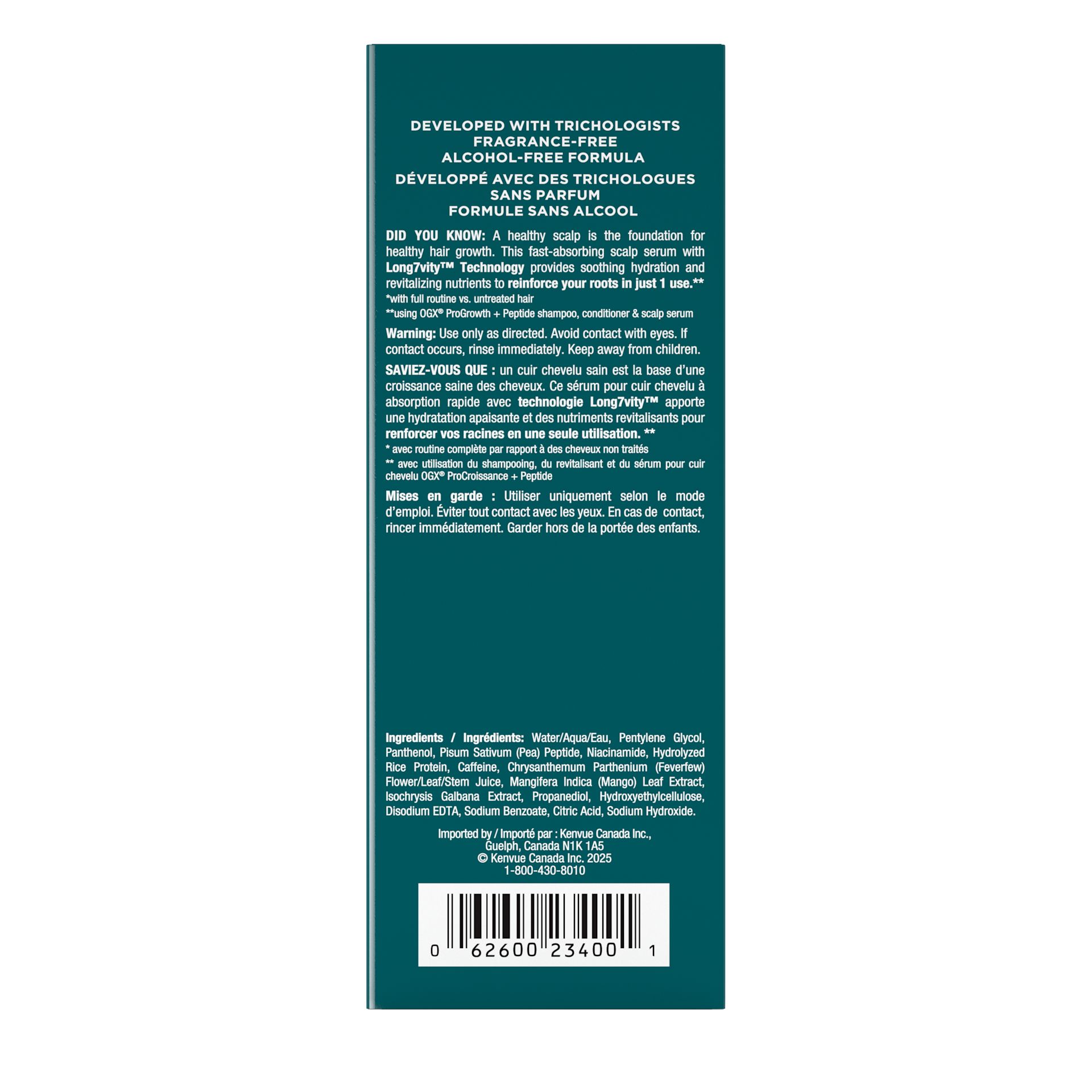 Back shot of OGX® ProGrowth + Peptide Scalp Serum 10mL bottle next to its packaging
