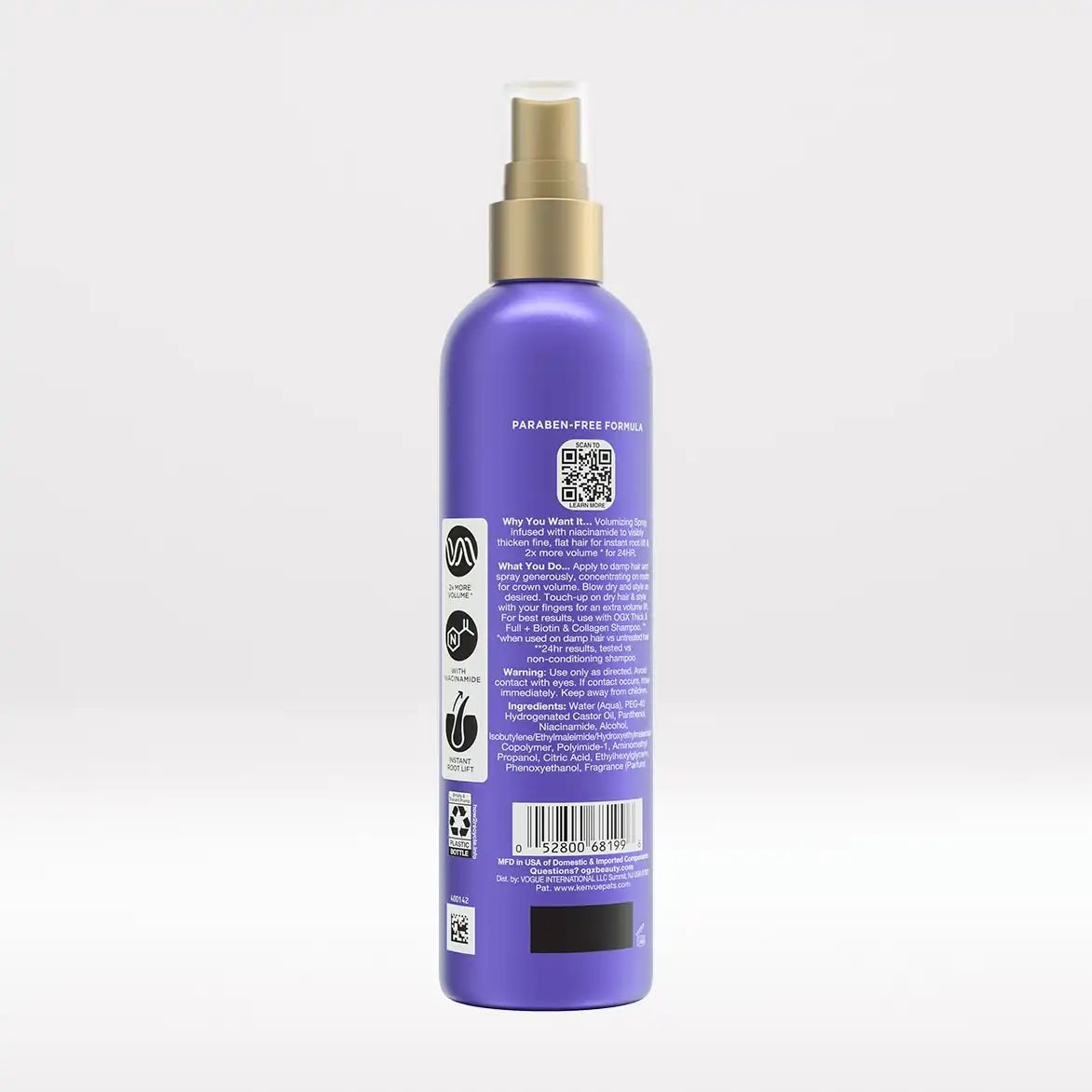 Volumizing Spray Back of Packaging