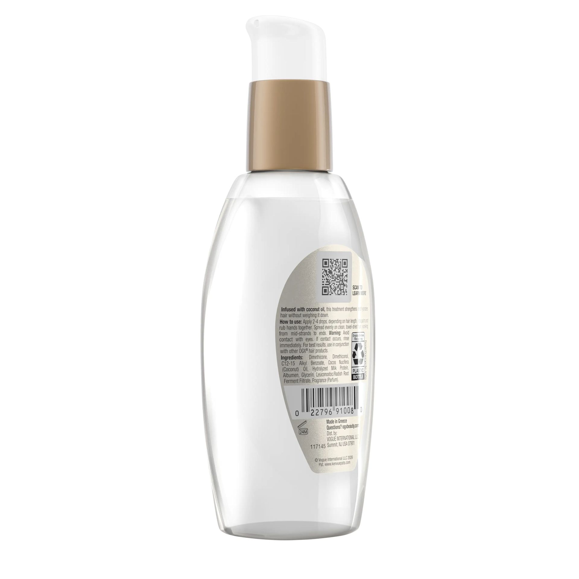 Back view of Coconut Milk Anti-Breakage Serum bottle with ingredient label, QR code, and barcode