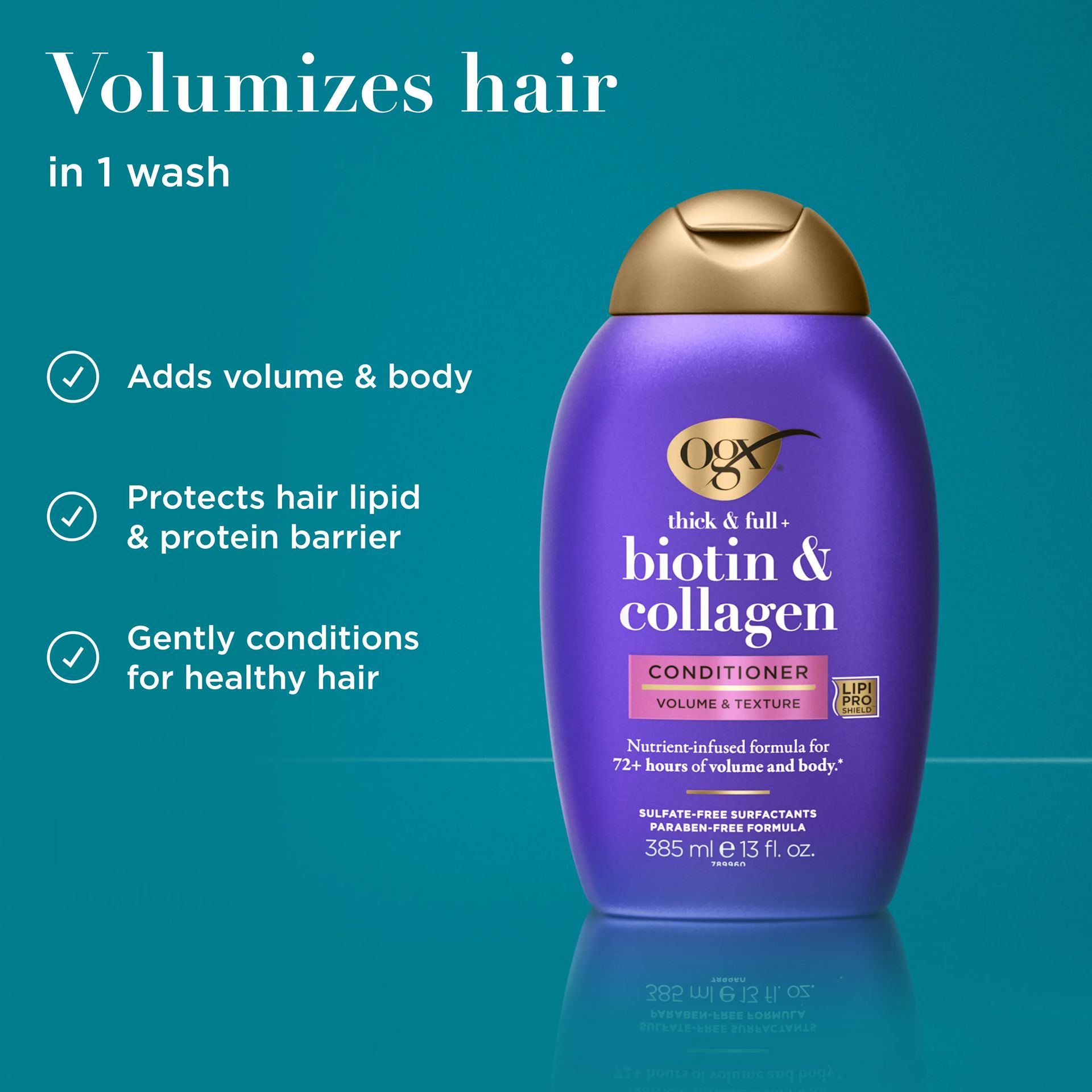 Volumizes hair in 1 wash. Adds volume & body, protects hair lipid & protein barrier, conditions for healthy hair.