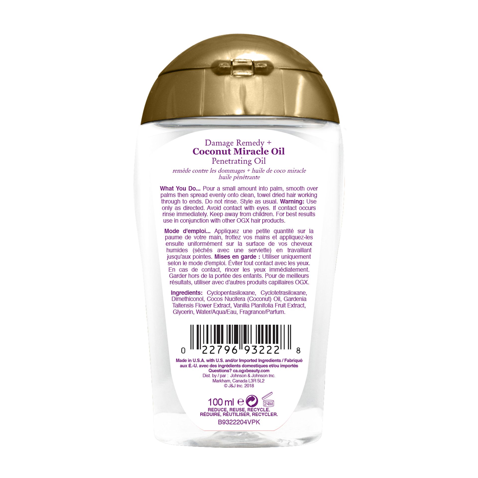 Back shot of OGX® Extra Strength Damage Remedy + Coconut Miracle Oil Penetrating Hair Oil Treatment, 100 mL bottle