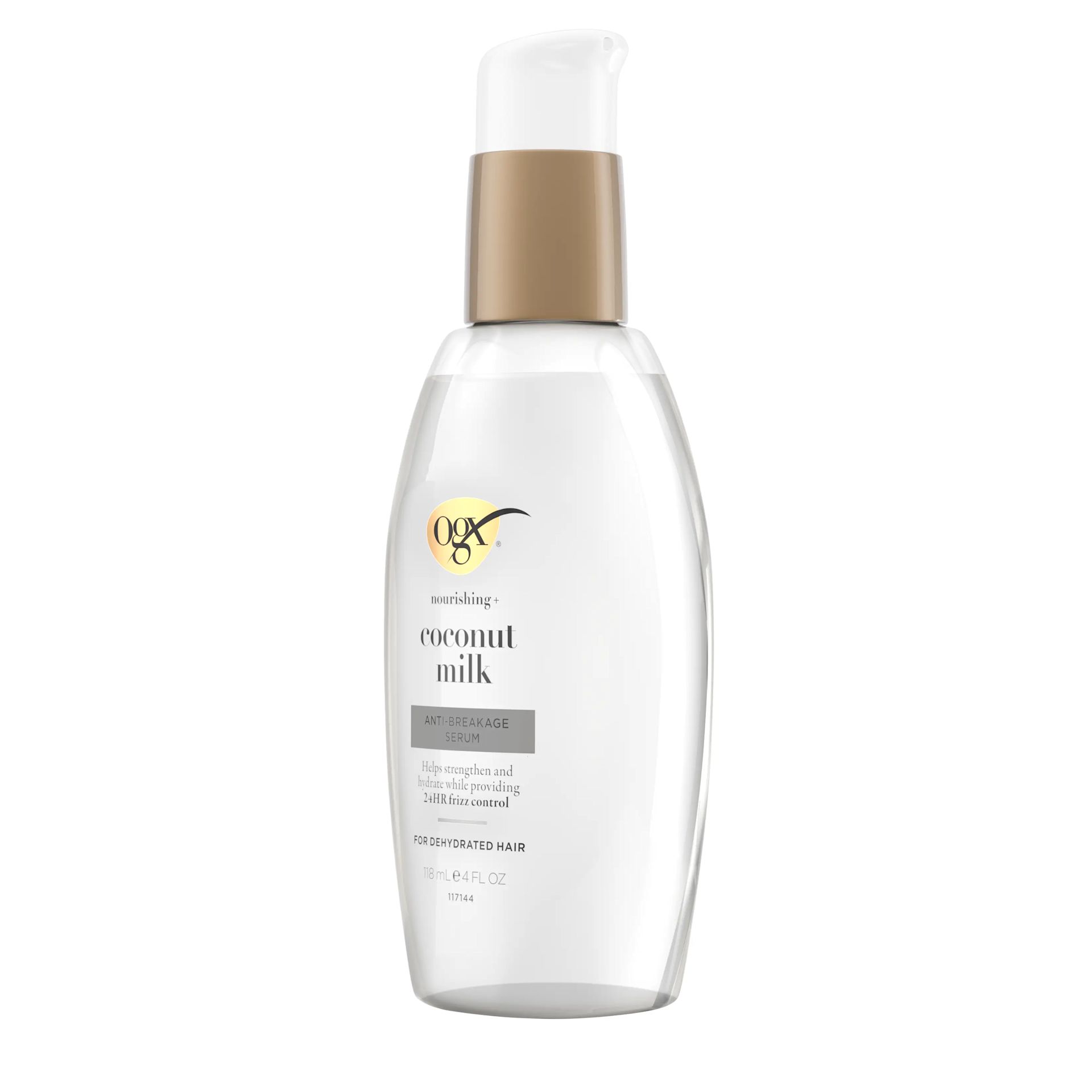 Front view bottle of Coconut Milk Anti-Breakage Serum with gold pump and clear container