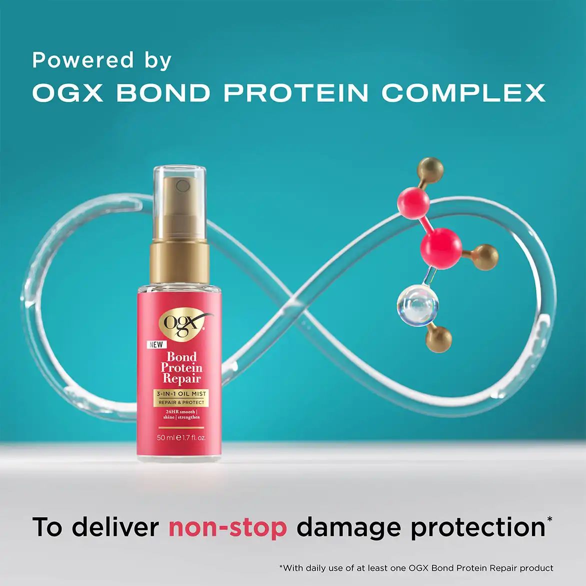 Bond Protein Repair 3-in-1 Oil Mist Powered by OGX Bond Protein Complex to deliver non-stop damage protection* with daily use of at least one OGX Bond Protein Repair product