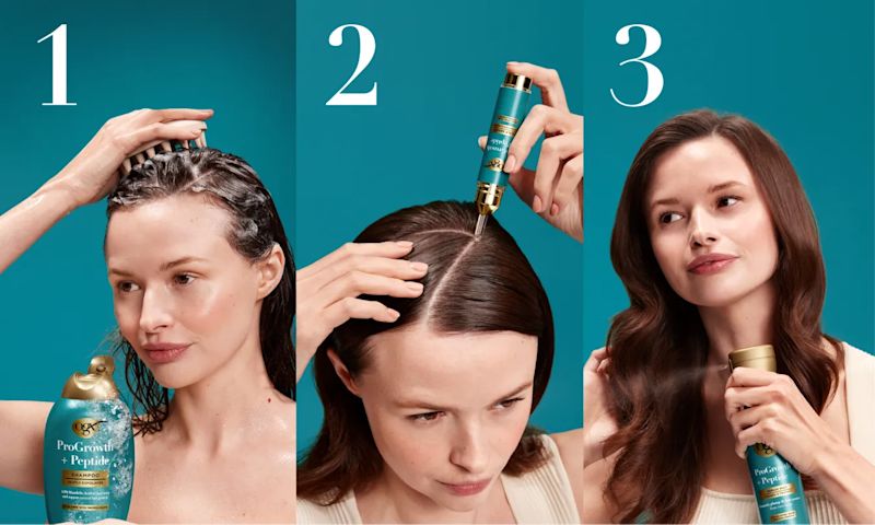 ProGrowth Routine for visibly thicker fuller hair. 1 cleanse and condition 2 treat scalp 3 protect & style