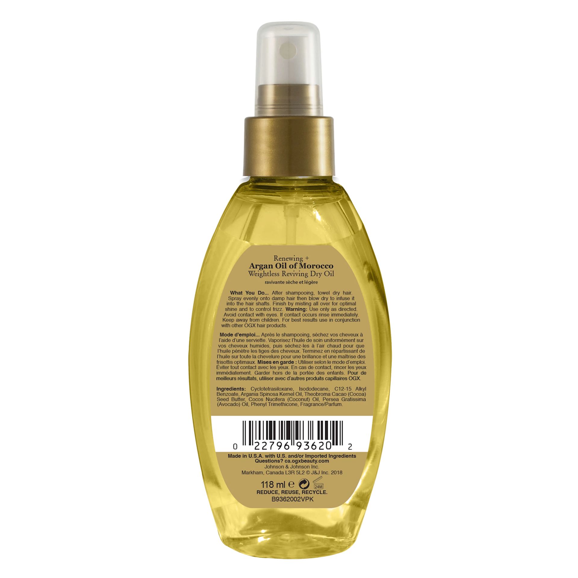 Vue arrière du vaporisateur de brume d’huile sèche vivifiante légère Regénérant+ à l’huile d’argan du Maroc OGX®, 118 mL
