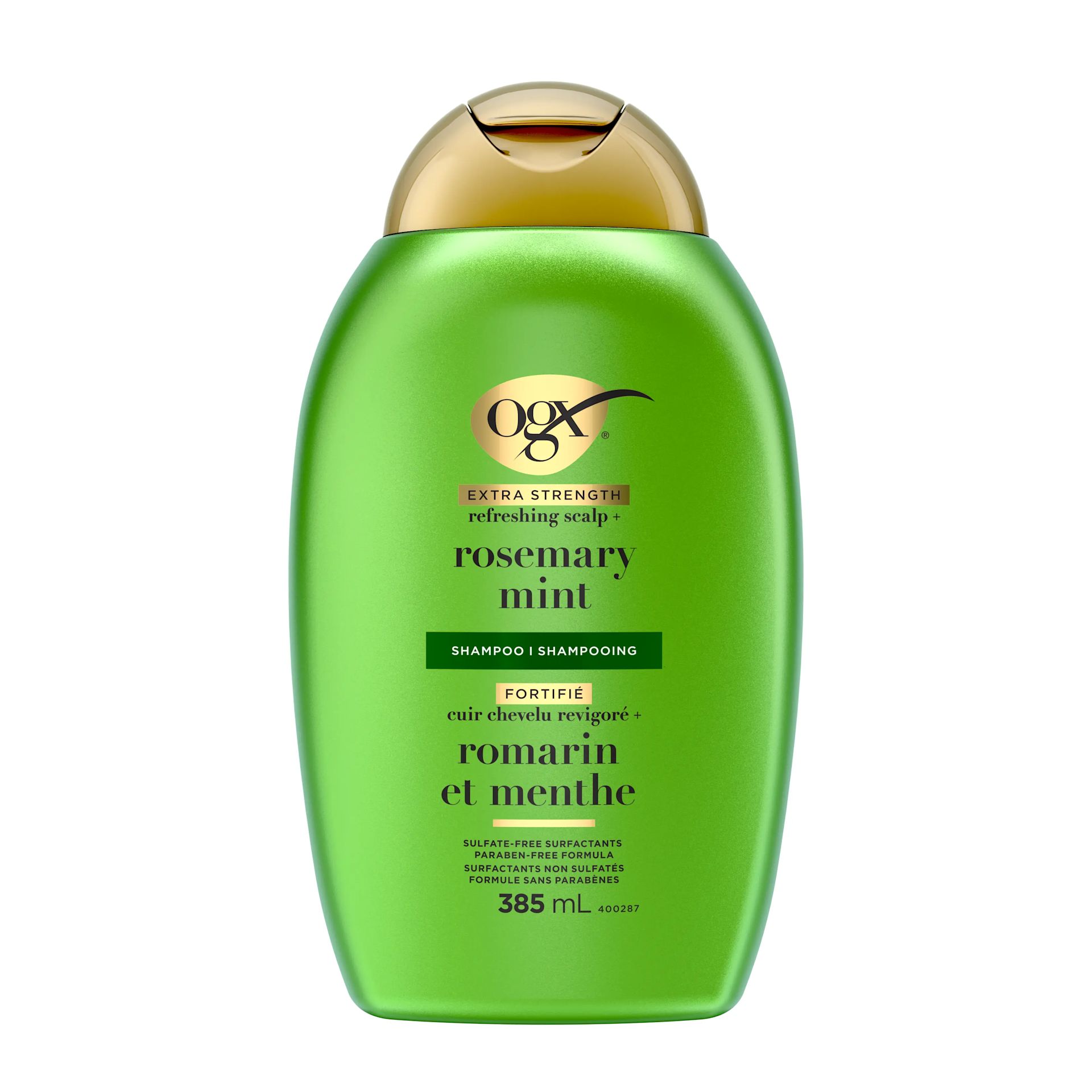Front shot of OGX® Refreshing Scalp+ Rosemary Mint Extra Strength Shampoo, 385 mL bottle