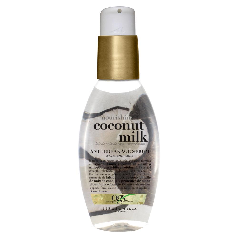 Front shot of OGX® Nourishing + Coconut Milk Anti-Breakage Hair Serum, 118 mL pump bottle