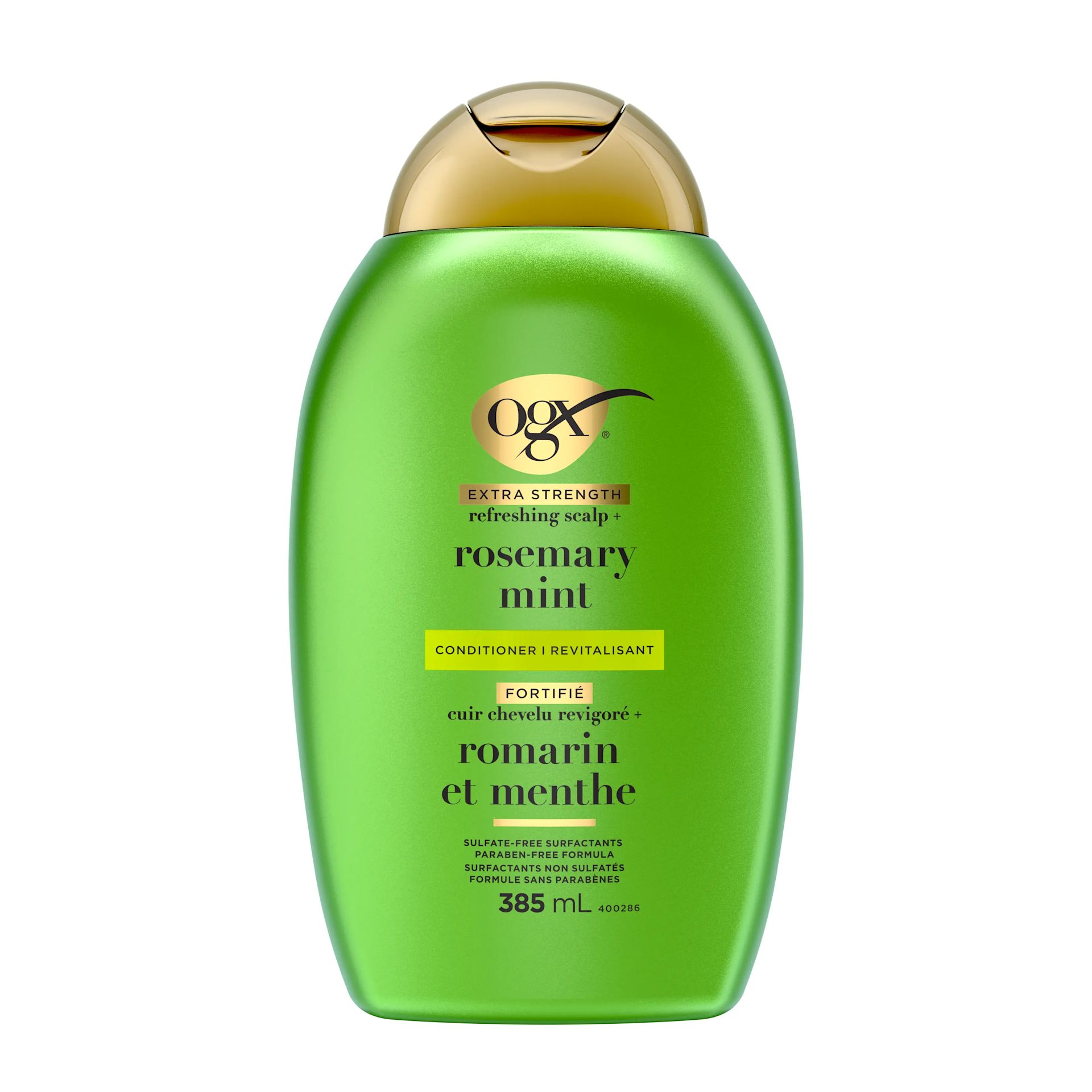 Front shot of OGX® Refreshing Scalp+ Rosemary Mint Extra Strength Conditioner, 385 mL bottle