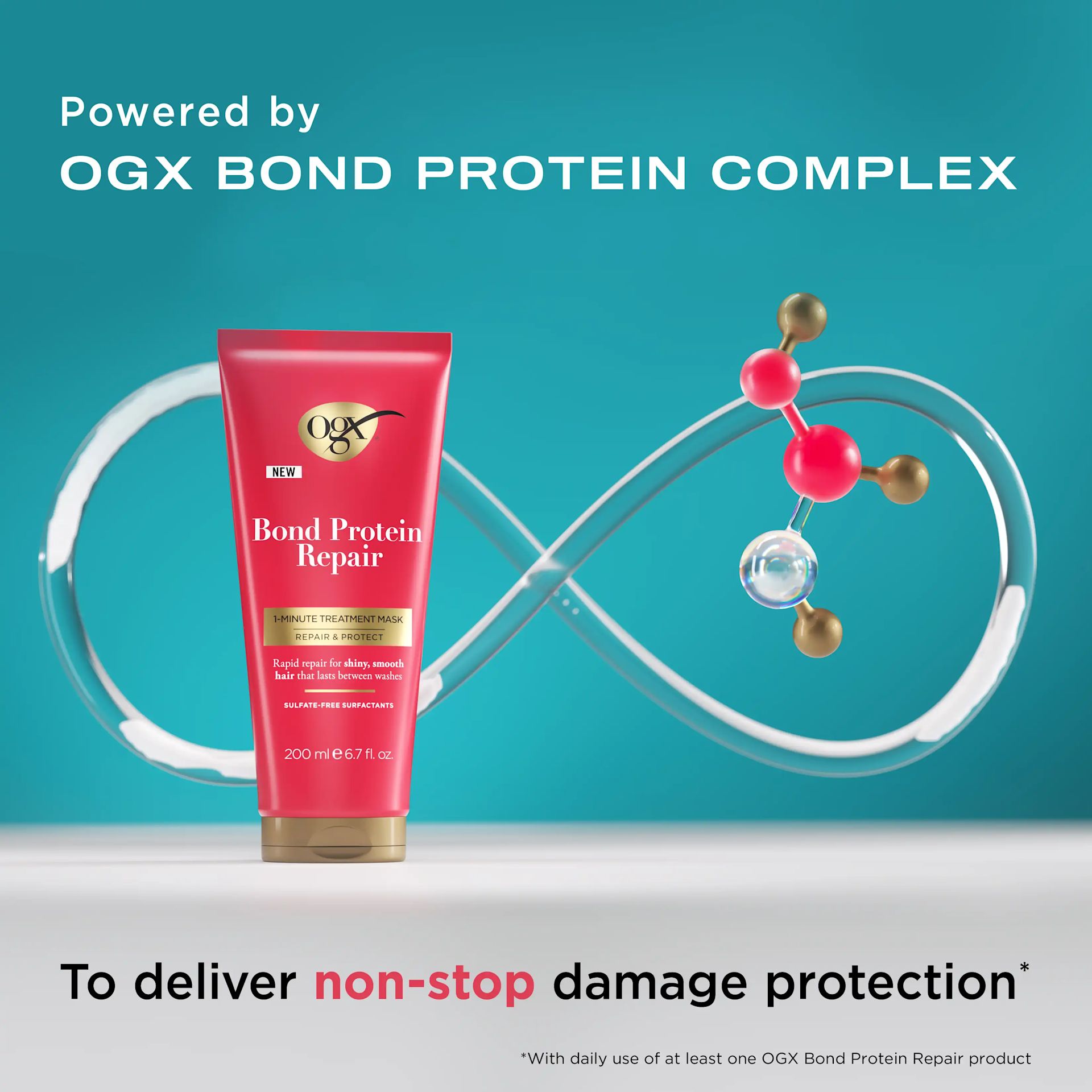 Bond Protein Repair 1 Minute Treatment Mask Powered by OGX Bond Protein Complex to deliver non-stop damage protection* with daily use of at least one OGX Bond Protein Repair product