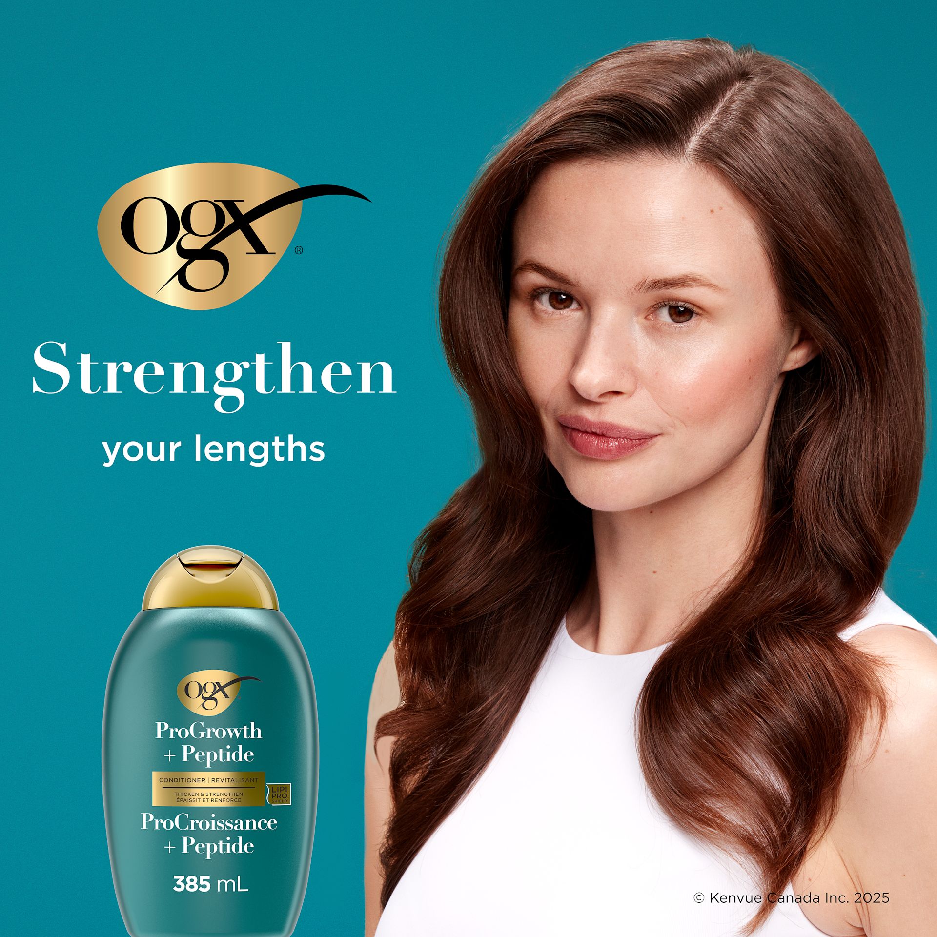 Enhanced digital image of OGX® ProGrowth + Peptide Hair Conditioner 385mL bottle.​
