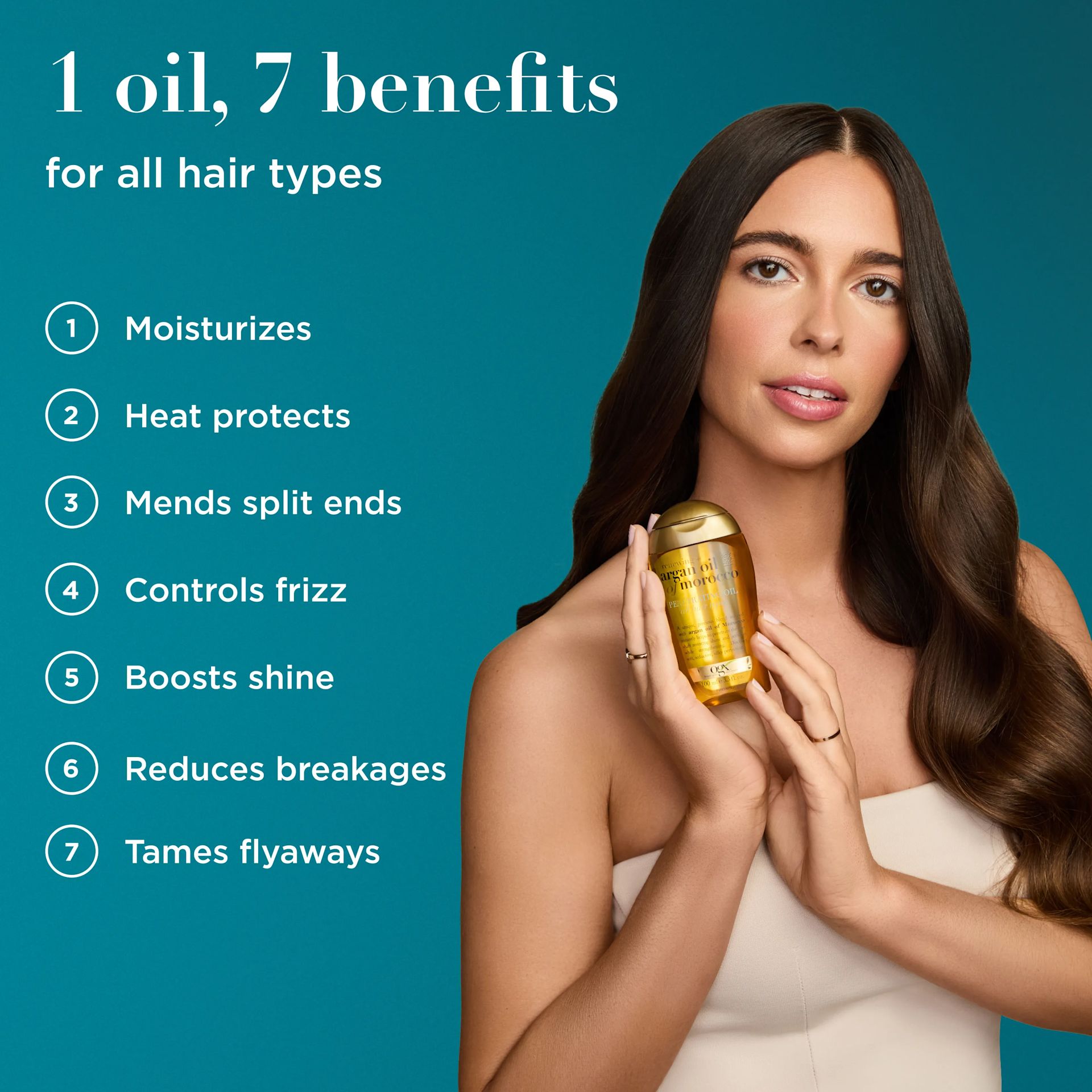 OGX® Renewing + Argan Oil of Morocco Penetrating Oil talent showcasing product with benefits: one oil, 7 benefits for all hair types.