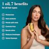 OGX® Renewing + Argan Oil of Morocco Penetrating Oil talent showcasing product with benefits: one oil, 7 benefits for all hair types.
