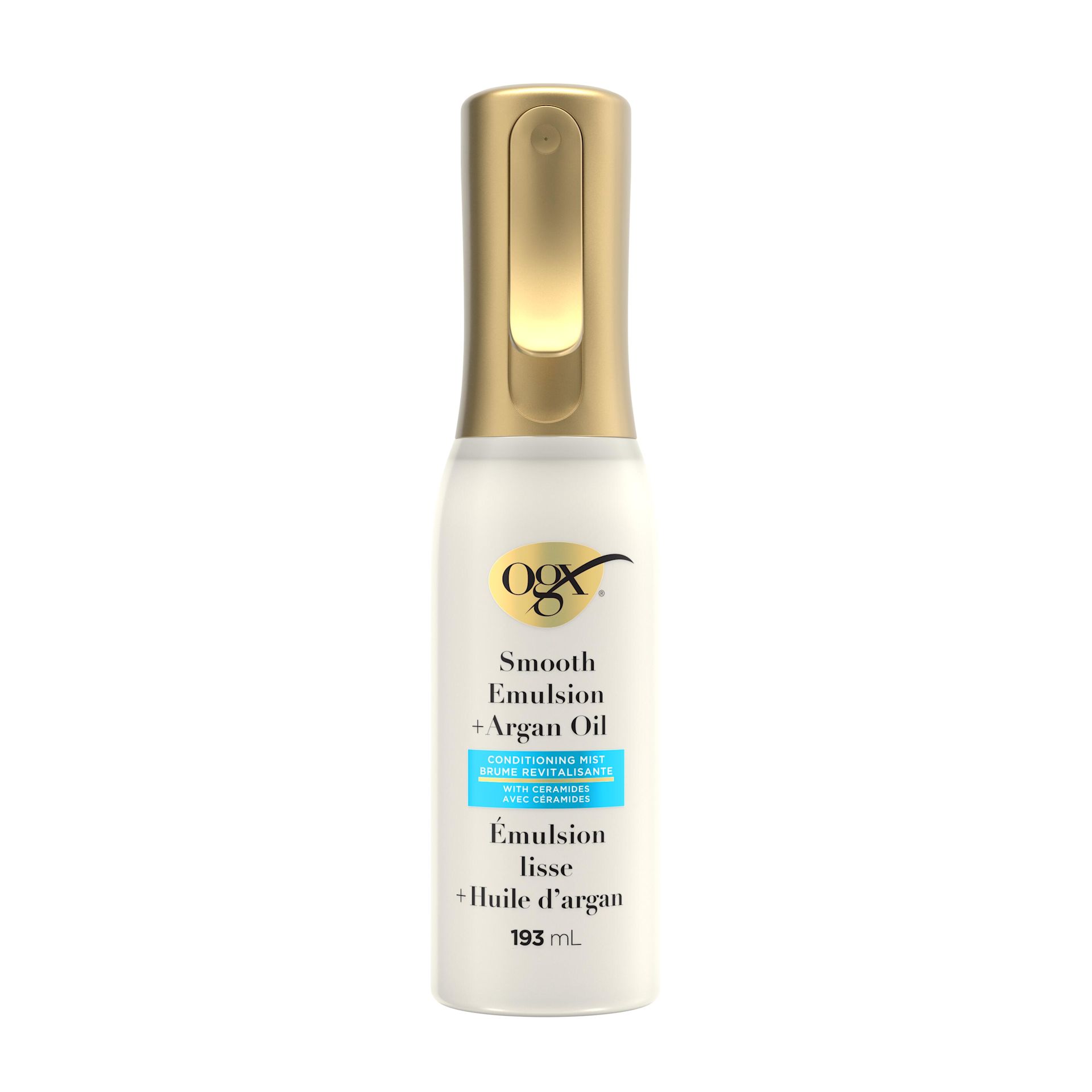 Vue de face de la brume revitalisante Smooth Emulsion à l’huile d’argan OGX®, 193 ml​  ​