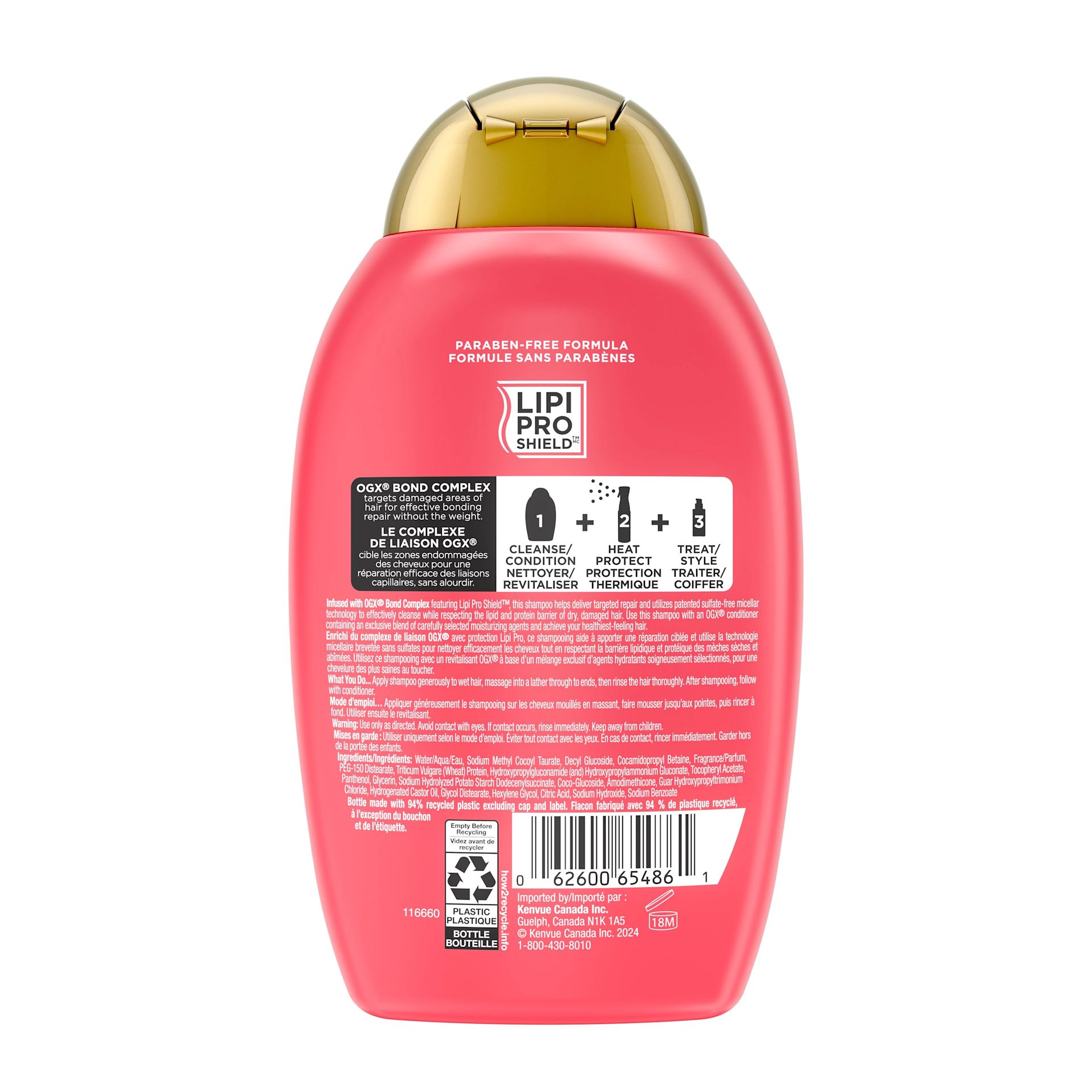Back shot of OGX® Bond Protein Repair Shampoo, 385 mL bottle