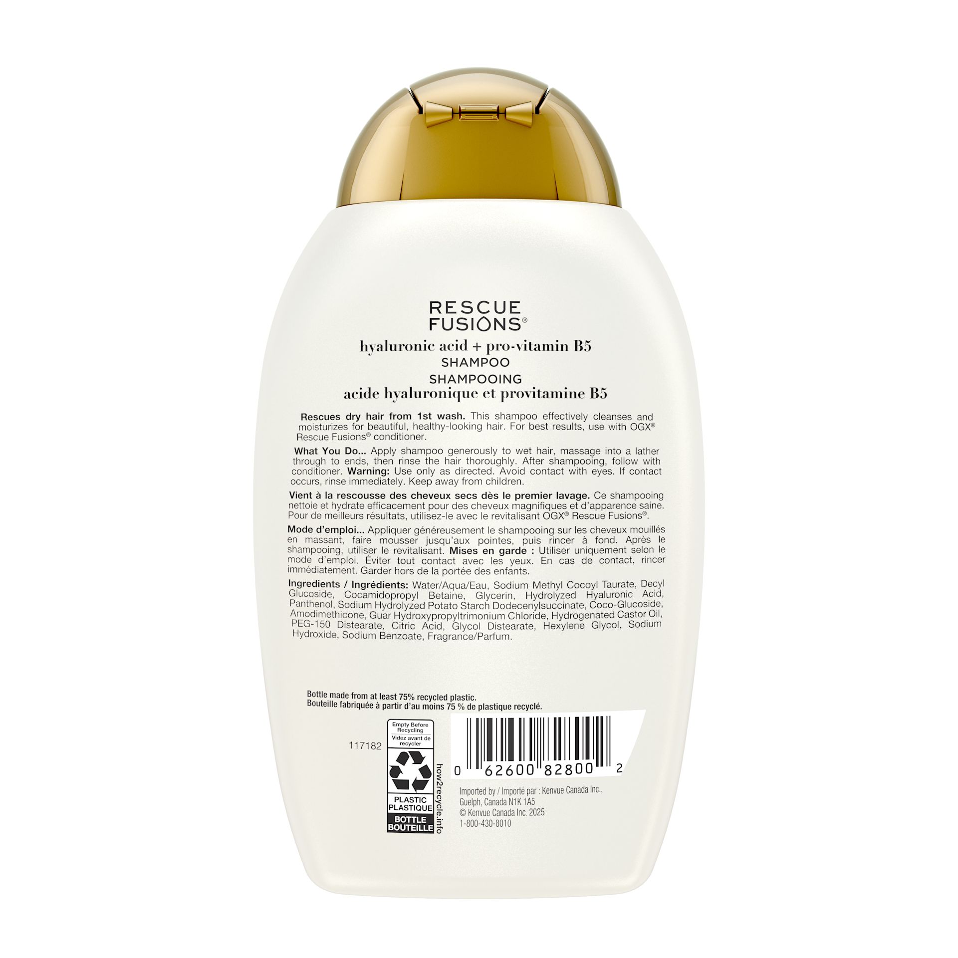 Back shot of Front shot of OGX® Rescue Fusions® Hyaluronic Acid + Pro-Vitamin B5 Shampoo 385mL bottle