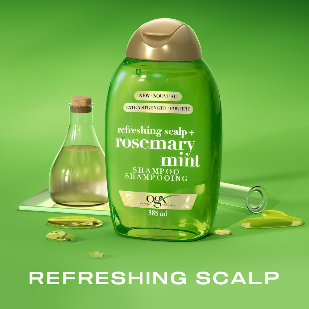 Front shot of OGX® Rosemary Mint Shampoo, 385 mL with lab tubes