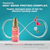 Vue avant du sérum capillaire Soin protéiné réparateur OGX® de 50 mL et une illustration de molécules et d’un tube en forme de symbole de l’infini en arrière-plan