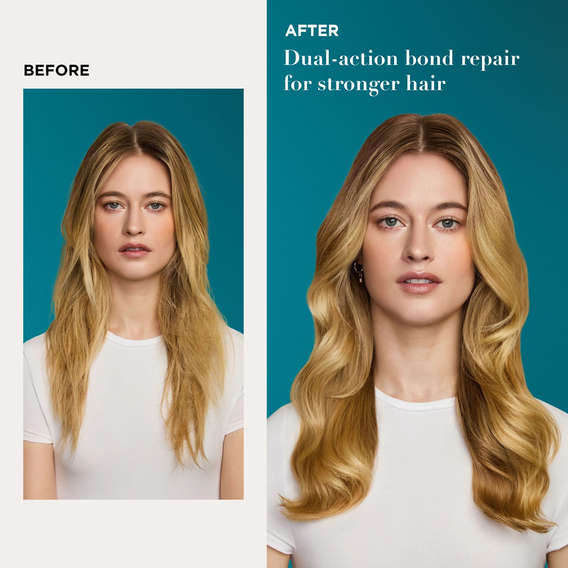 Before and After image displaying woman having applied Dual-Action bond repair for stronger hair
