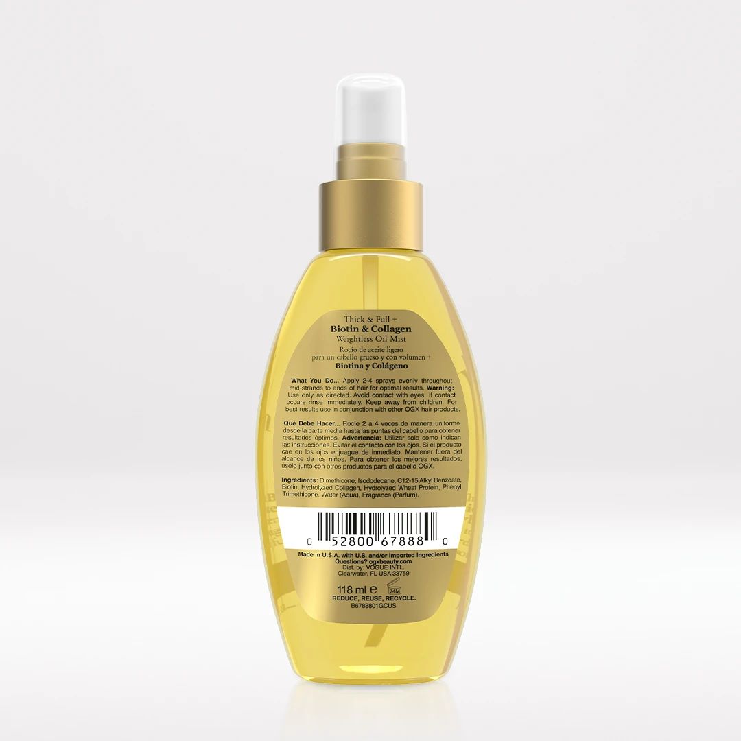 Biotin & Collagen Weightless Oil Mist Back of Packaging