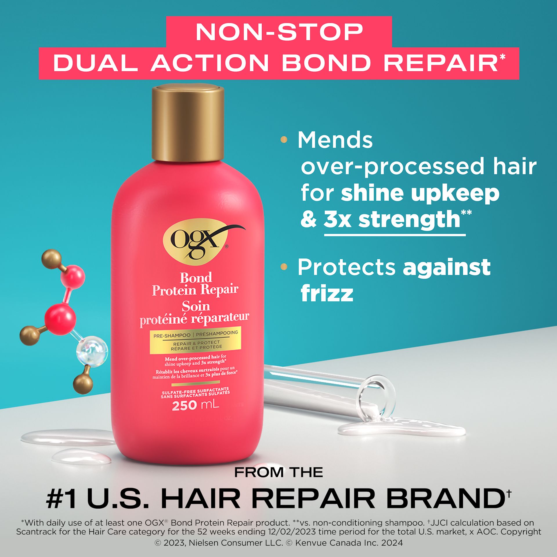 Front shot of OGX® Bond Protein Repair Pre-Shampoo, 250 mL next to the illustration of molecules and a laboratory tube
