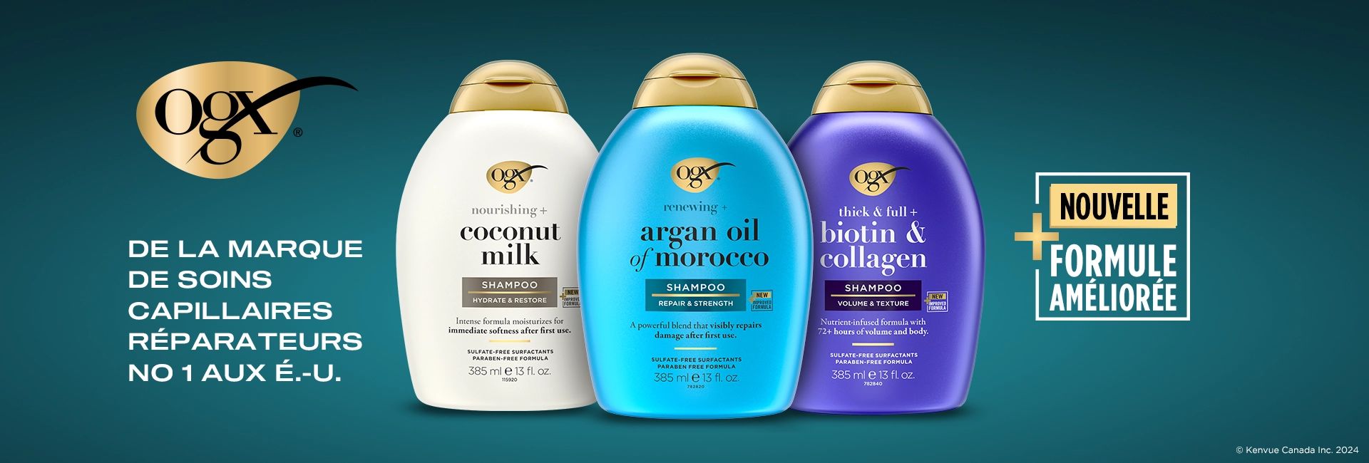 Vue de face des shampooings OGX® à l’huile d’argan du Maroc, à la biotine et au collagène et au lait de coco avec le logo de la nouvelle formule améliorée