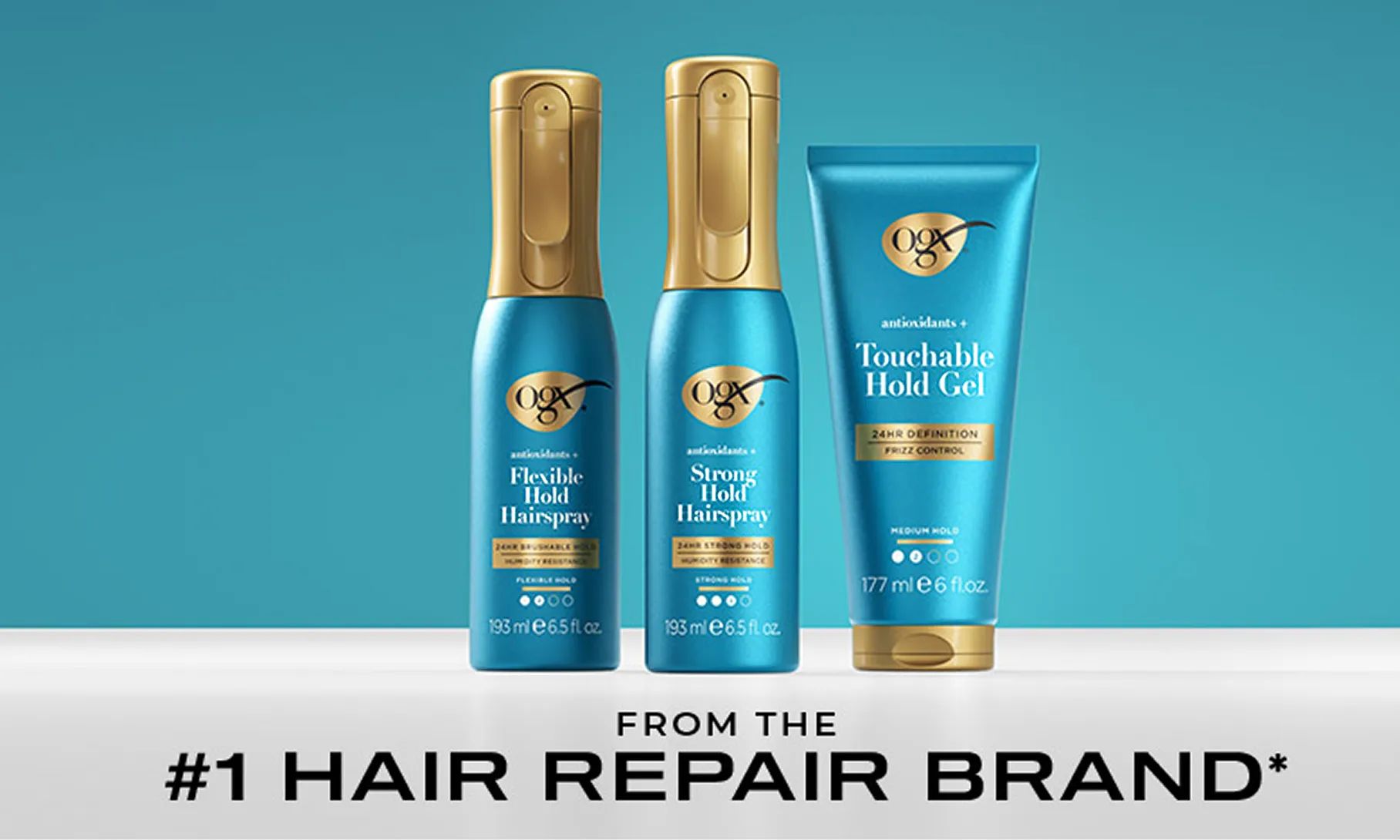 Lock your style with OGX® Style Finishers providing 24 Hour Hold and Protection from the #1 Hair Repair Brand*